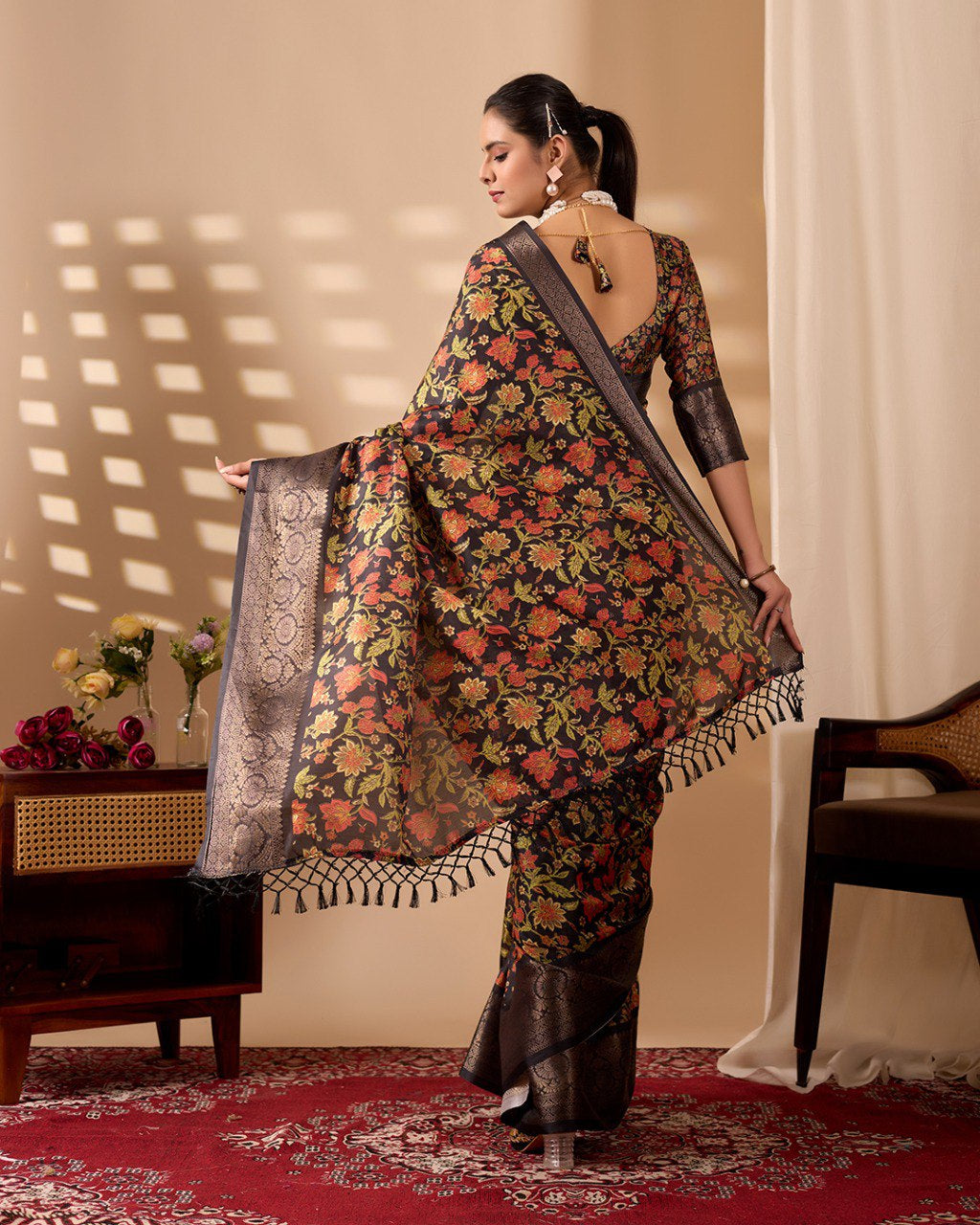 Womenline Black Floral Banarasi Silk Saree with Rich Zari Border & Elegant Woven Pallu