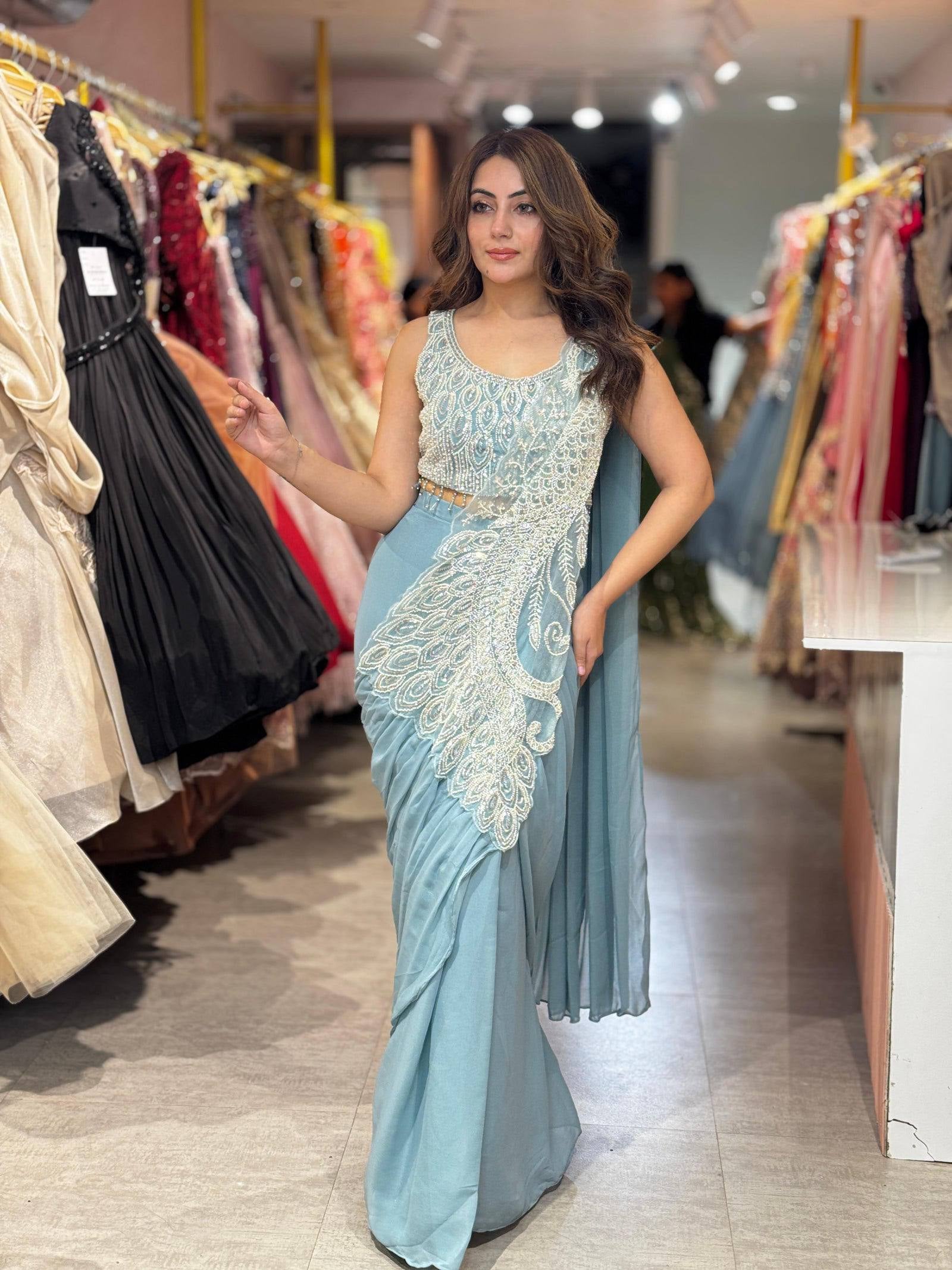Womenline Ice Blue Designer Ready-to-Wear Saree with Heavy Pearl Embroidery