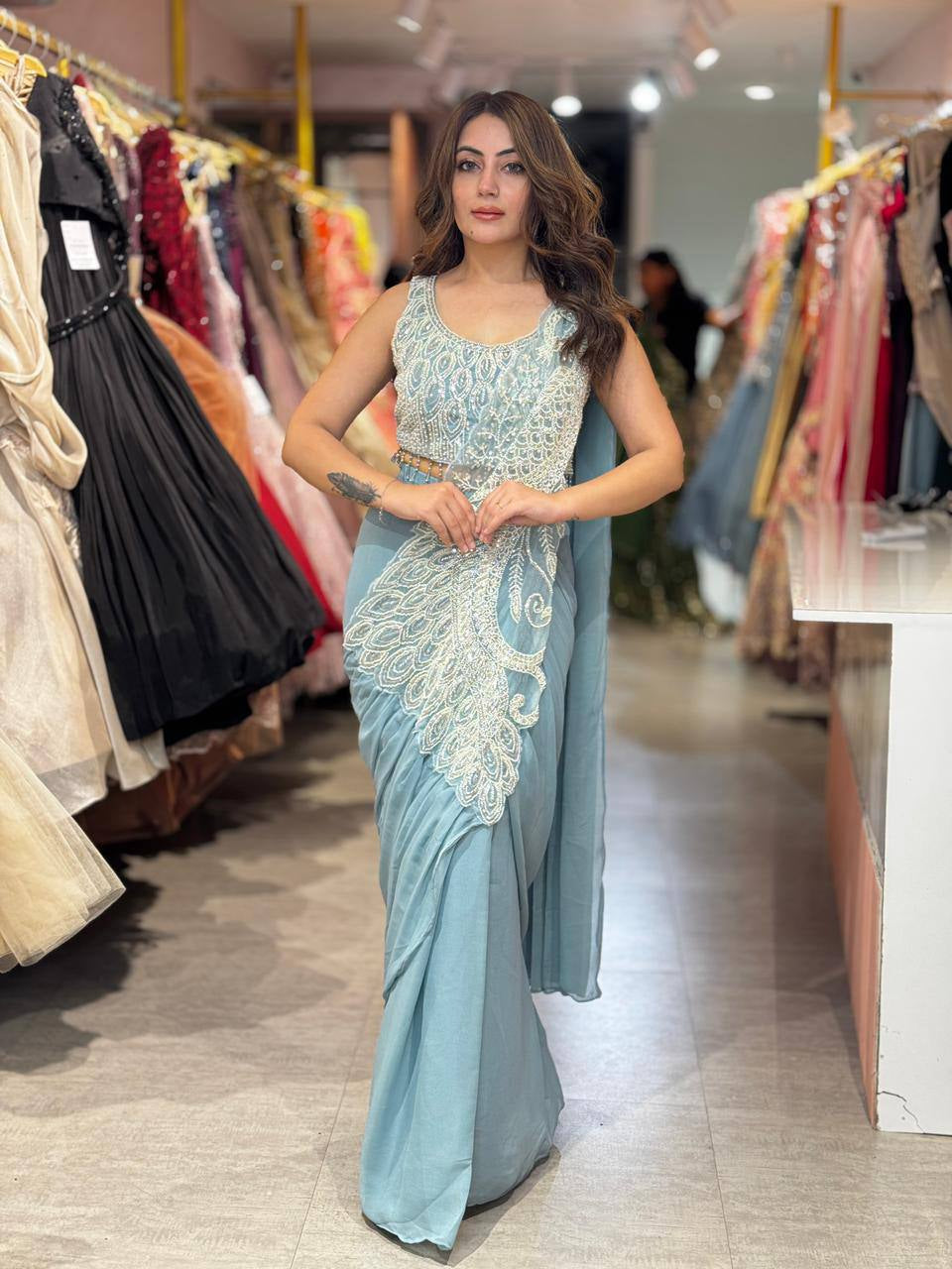 Womenline Ice Blue Designer Ready-to-Wear Saree with Heavy Pearl Embroidery