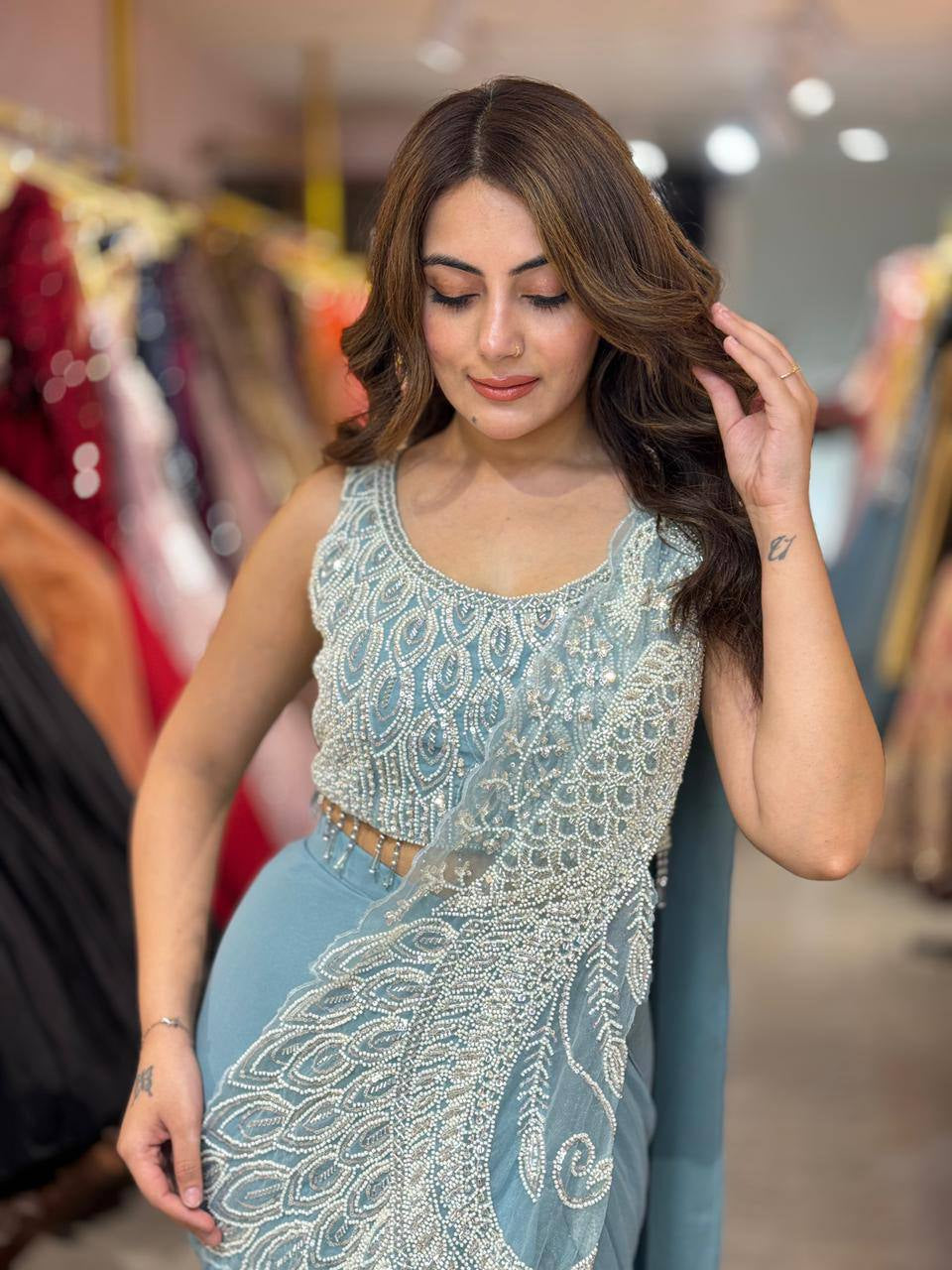 Womenline Ice Blue Designer Ready-to-Wear Saree with Heavy Pearl Embroidery