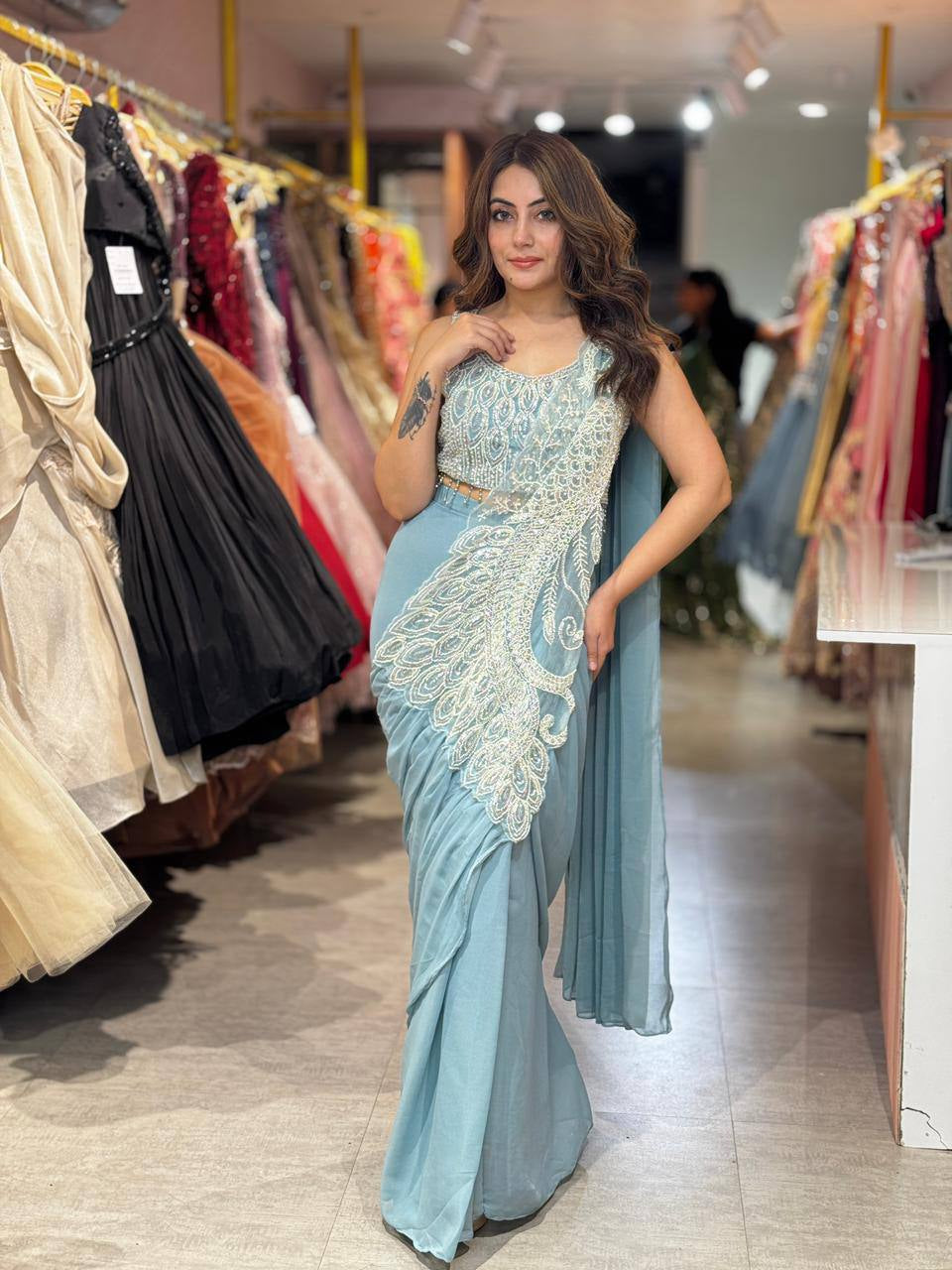 Womenline Ice Blue Designer Ready-to-Wear Saree with Heavy Pearl Embroidery