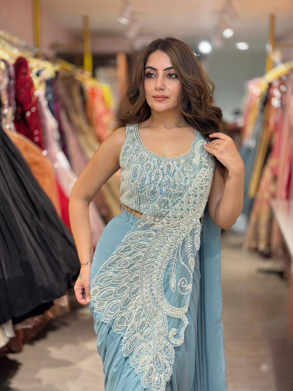 Womenline Ice Blue Designer Ready-to-Wear Saree with Heavy Pearl Embroidery