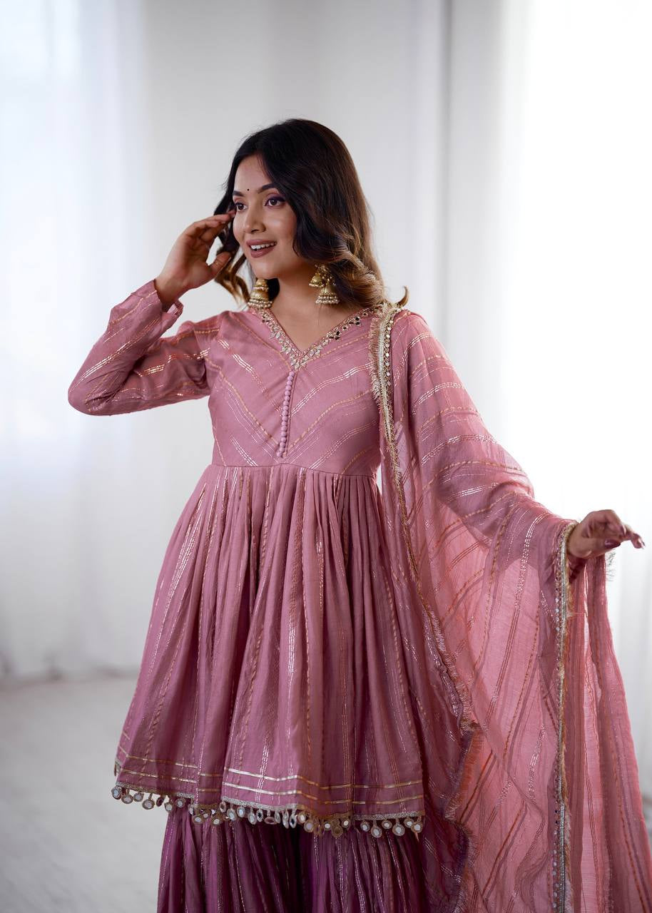 Womenline Rose Quartz Glam Designer Sharara Suit Set with Lurex Dupatta