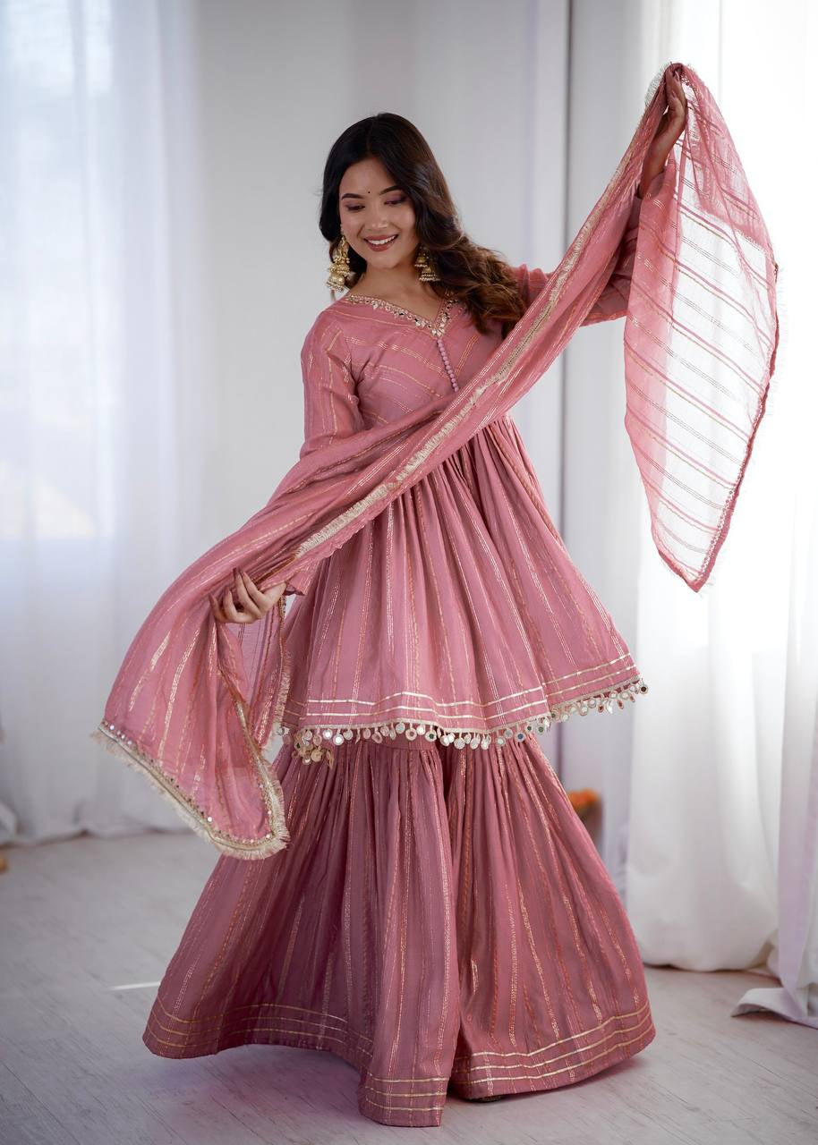 Womenline Rose Quartz Glam Designer Sharara Suit Set with Lurex Dupatta