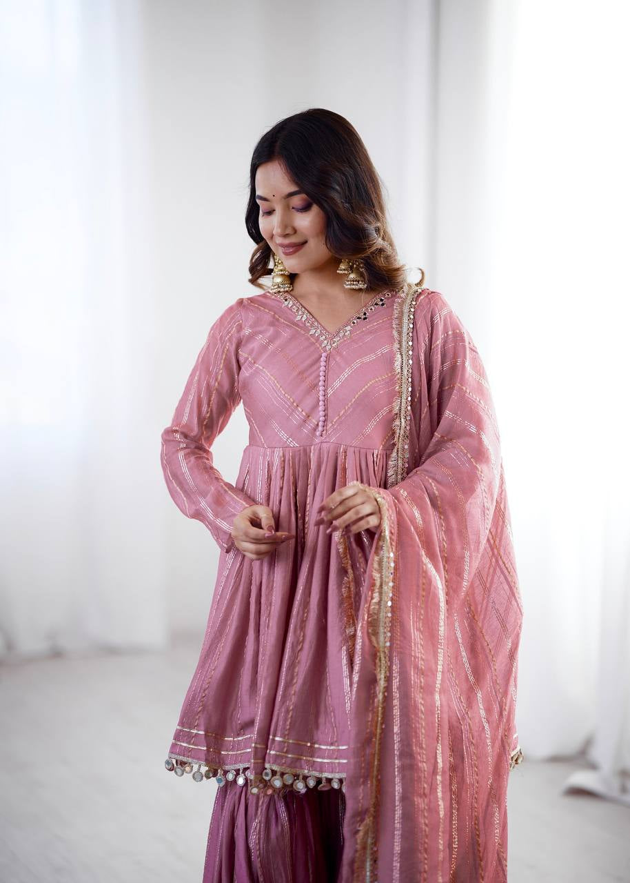 Womenline Rose Quartz Glam Designer Sharara Suit Set with Lurex Dupatta