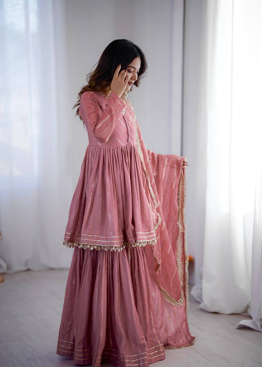 Womenline Rose Quartz Glam Designer Sharara Suit Set with Lurex Dupatta