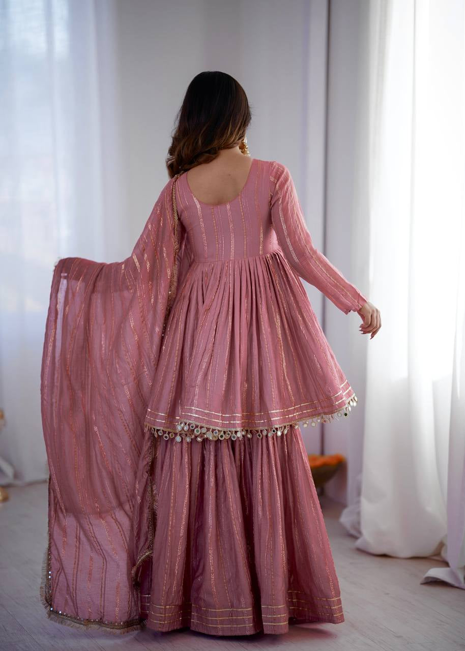 Womenline Rose Quartz Glam Designer Sharara Suit Set with Lurex Dupatta