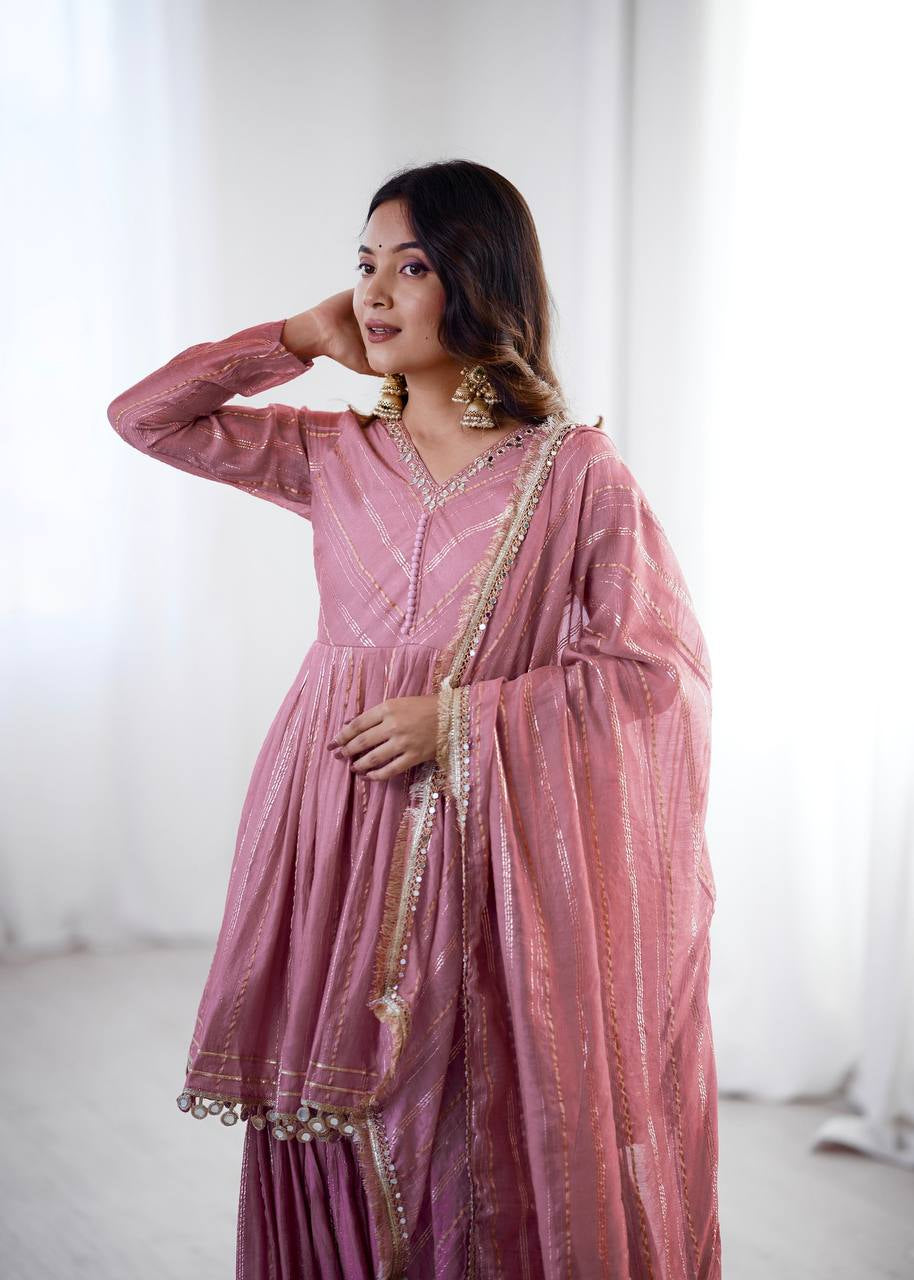 Womenline Rose Quartz Glam Designer Sharara Suit Set with Lurex Dupatta
