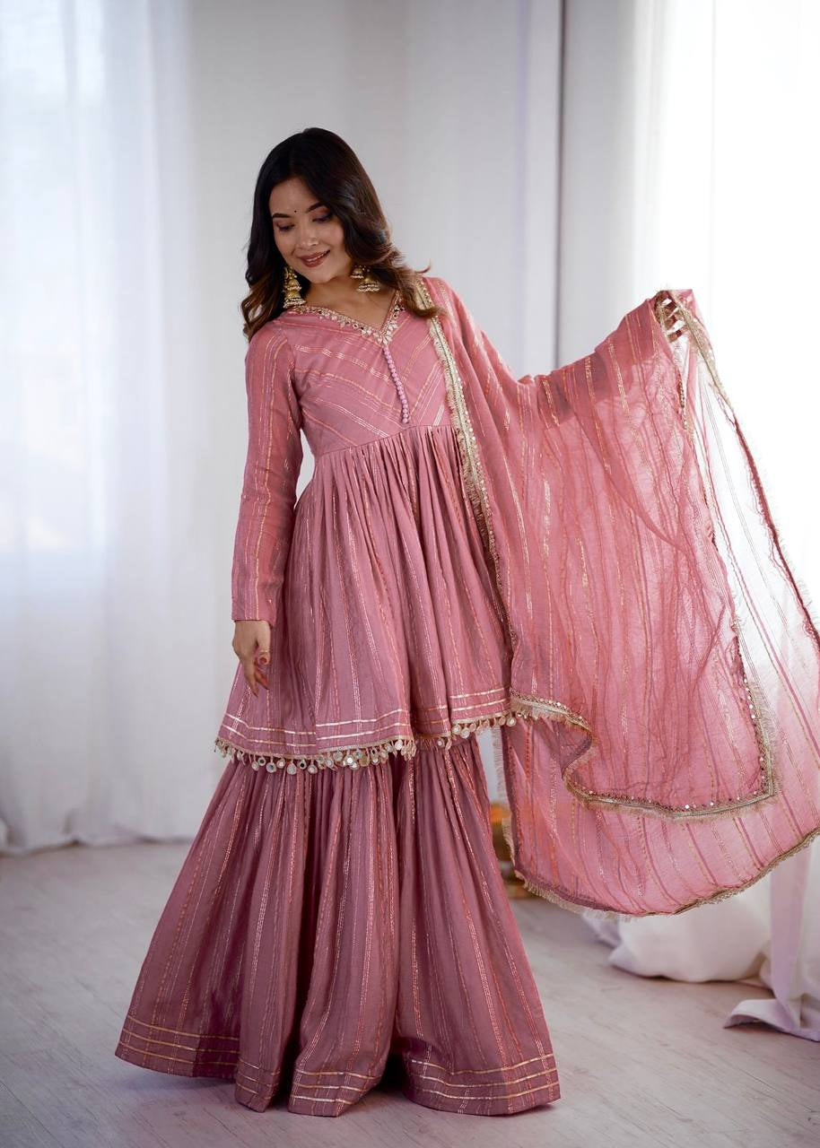 Womenline Rose Quartz Glam Designer Sharara Suit Set with Lurex Dupatta