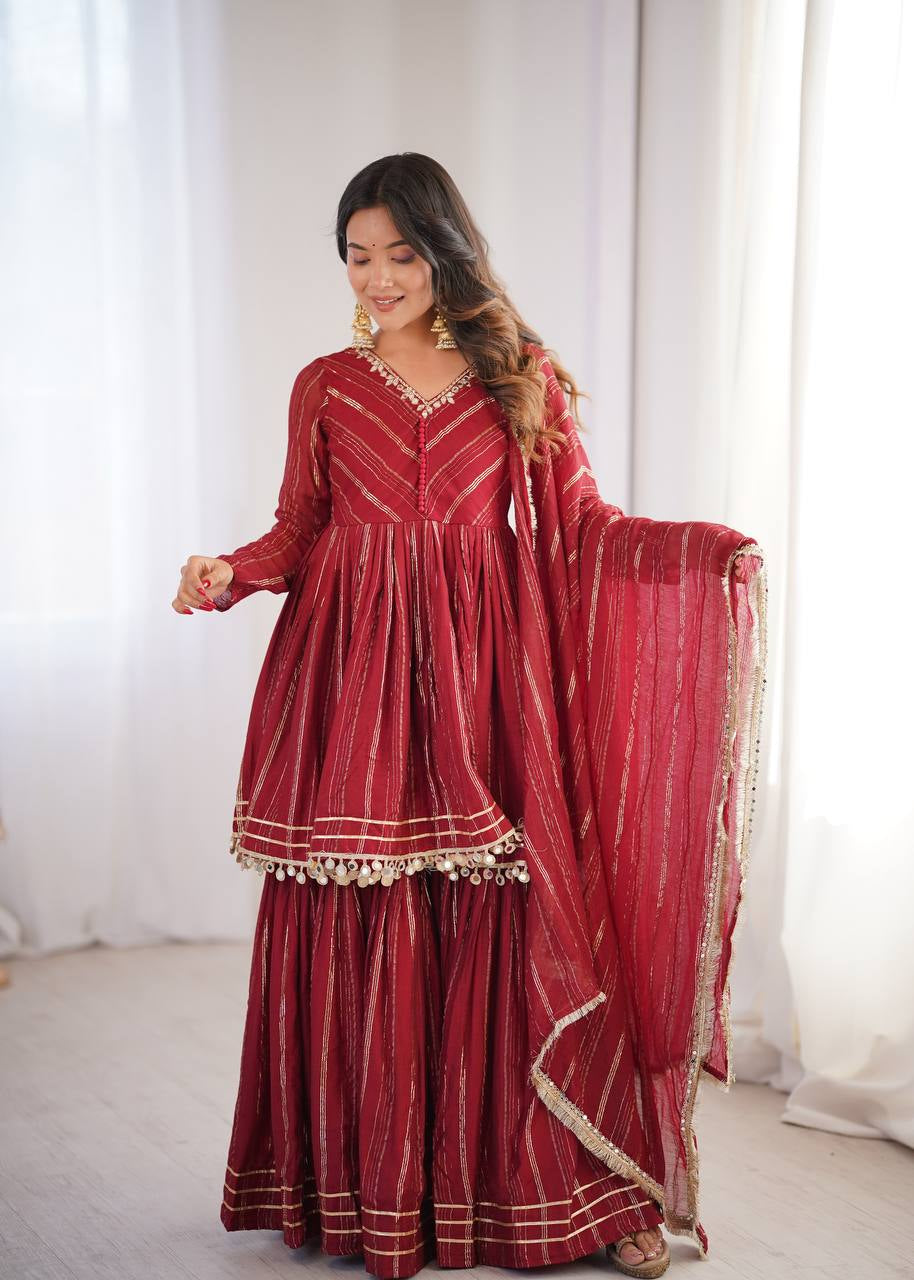 Womenline Crimson Glow Designer Sharara Suit Set with Lurex Dupatta