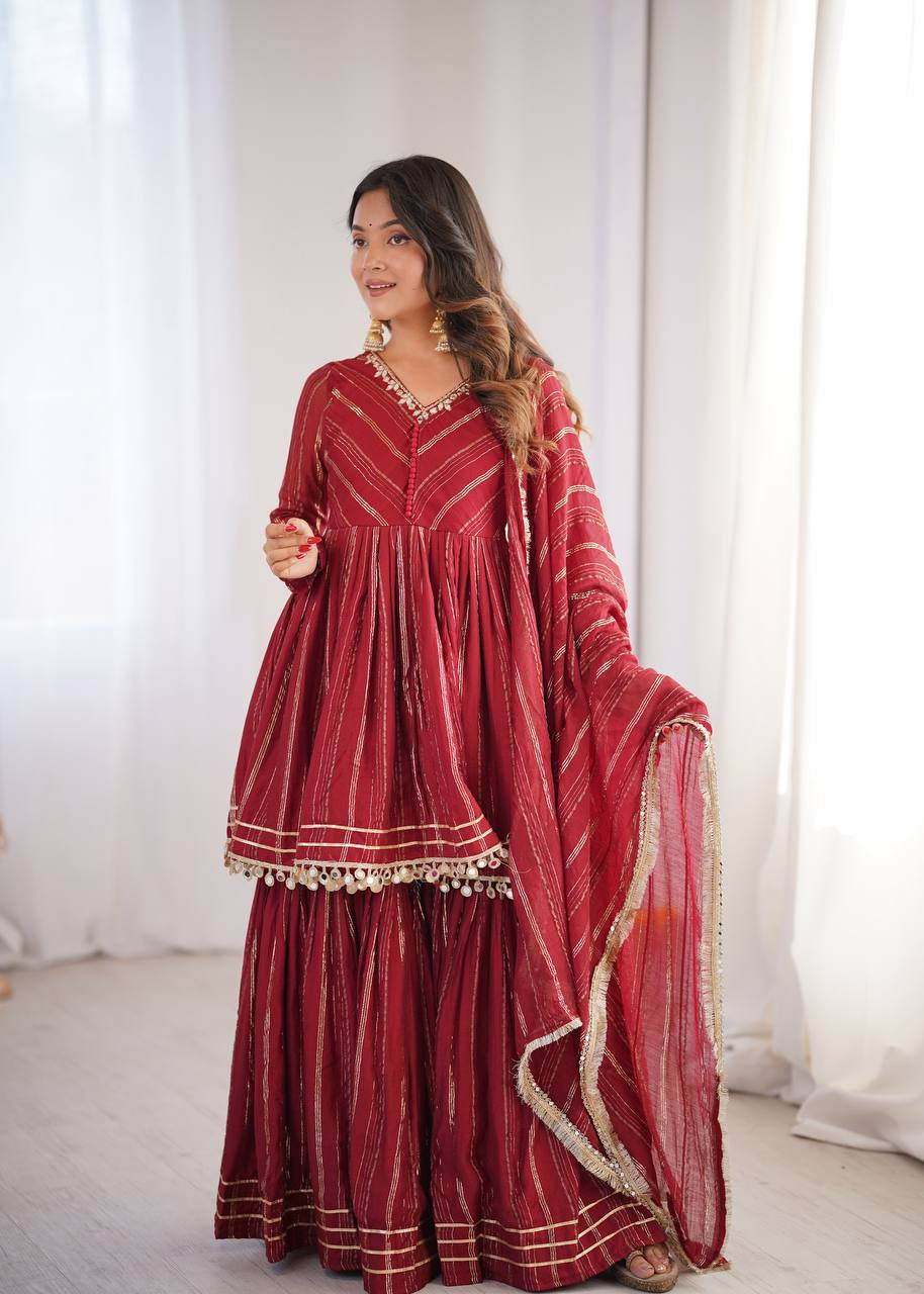 Womenline Crimson Glow Designer Sharara Suit Set with Lurex Dupatta