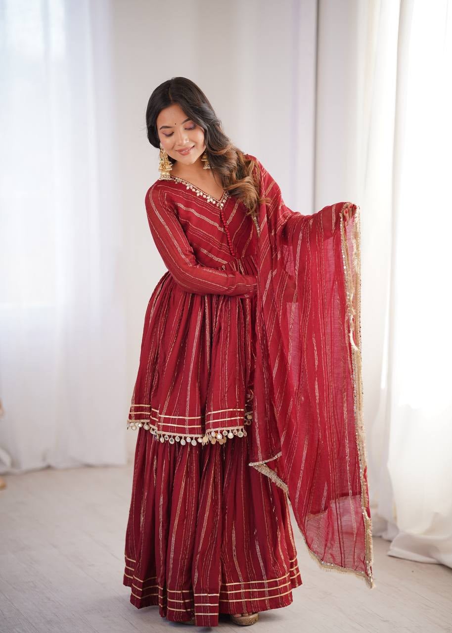 Womenline Crimson Glow Designer Sharara Suit Set with Lurex Dupatta