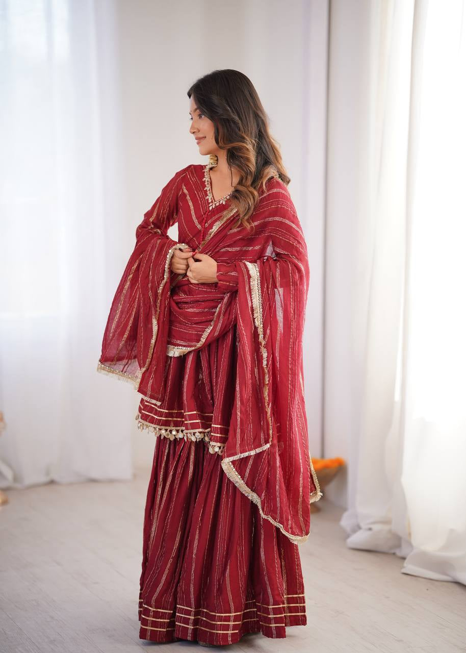 Womenline Crimson Glow Designer Sharara Suit Set with Lurex Dupatta