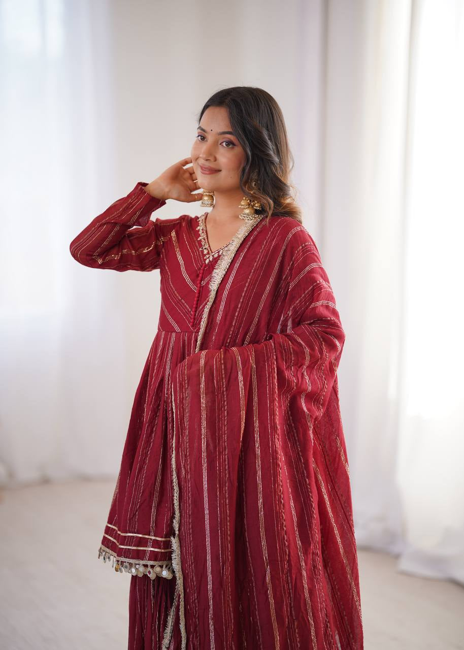Womenline Crimson Glow Designer Sharara Suit Set with Lurex Dupatta