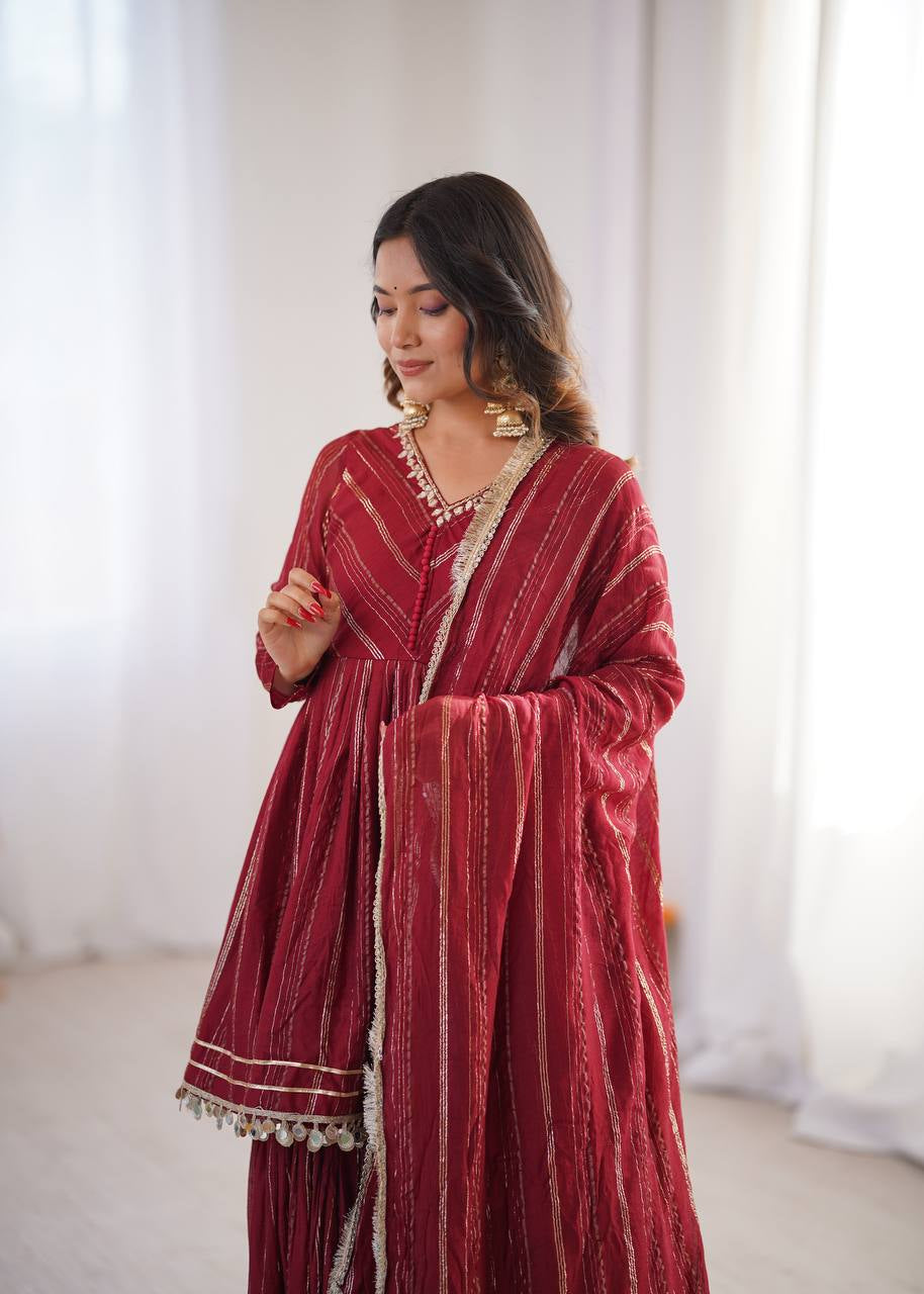 Womenline Crimson Glow Designer Sharara Suit Set with Lurex Dupatta