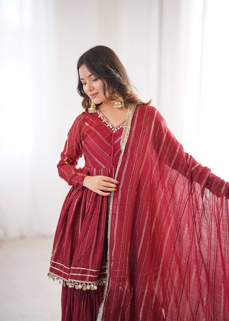 Womenline Crimson Glow Designer Sharara Suit Set with Lurex Dupatta