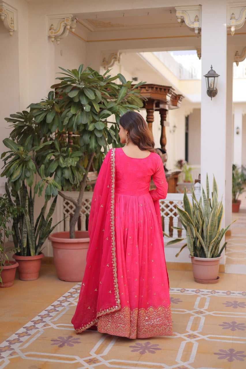 Womenline Rani Pink Color Embroidered Gown with Dupatta