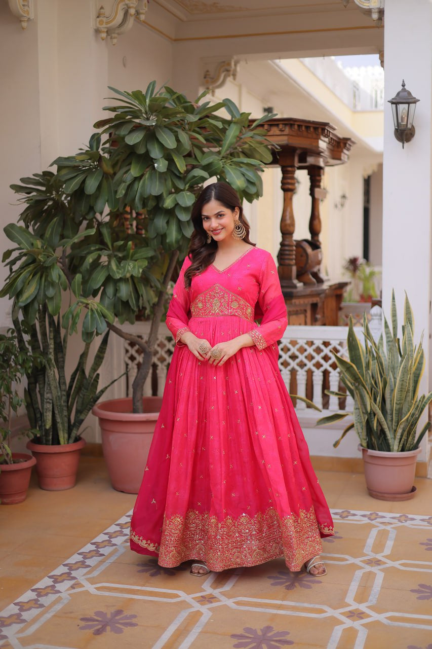 Womenline Rani Pink Color Embroidered Gown with Dupatta