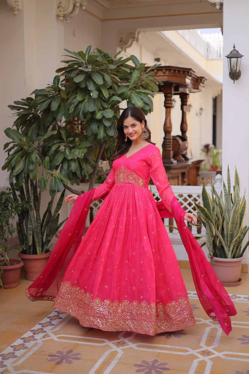 Womenline Rani Pink Color Embroidered Gown with Dupatta