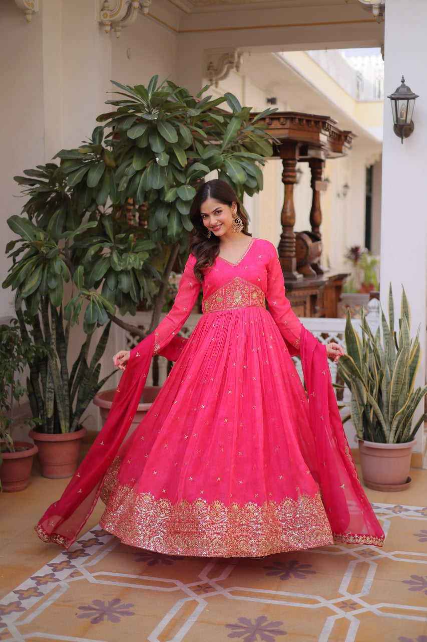 Womenline Rani Pink Color Embroidered Gown with Dupatta