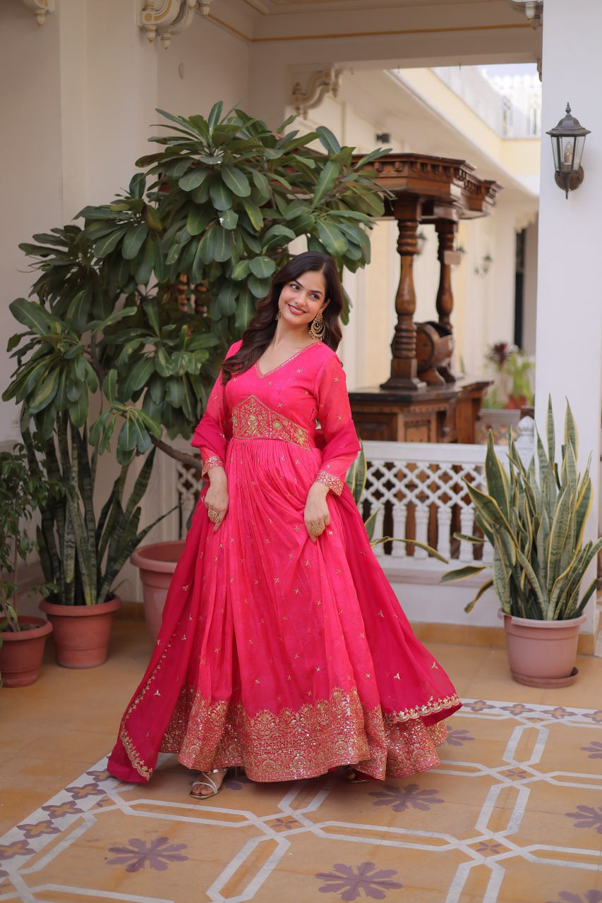 Womenline Rani Pink Color Embroidered Gown with Dupatta