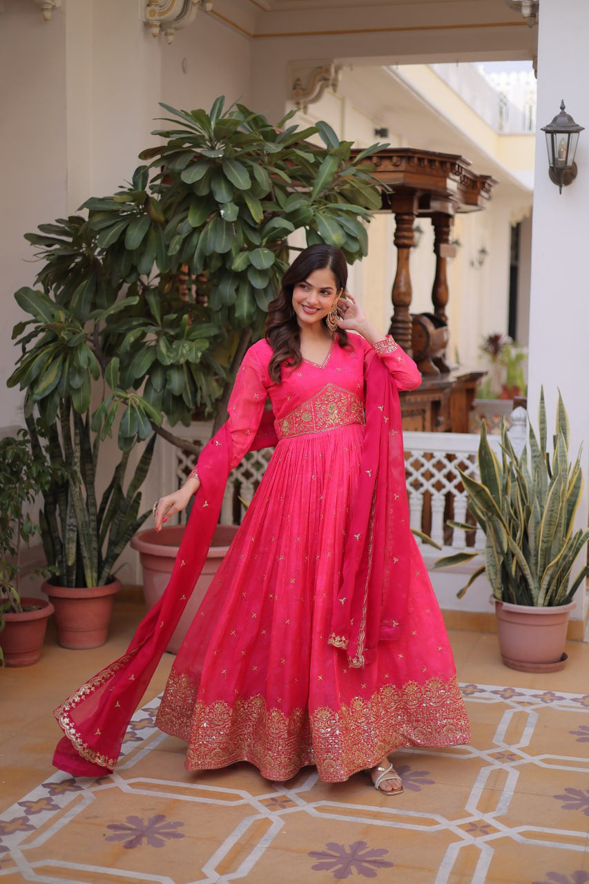 Womenline Rani Pink Color Embroidered Gown with Dupatta