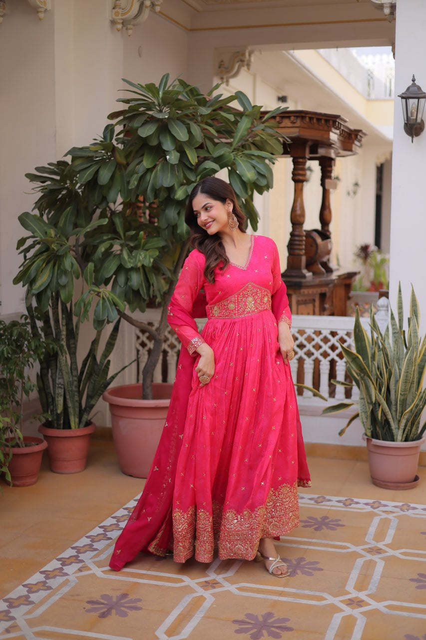 Womenline Rani Pink Color Embroidered Gown with Dupatta