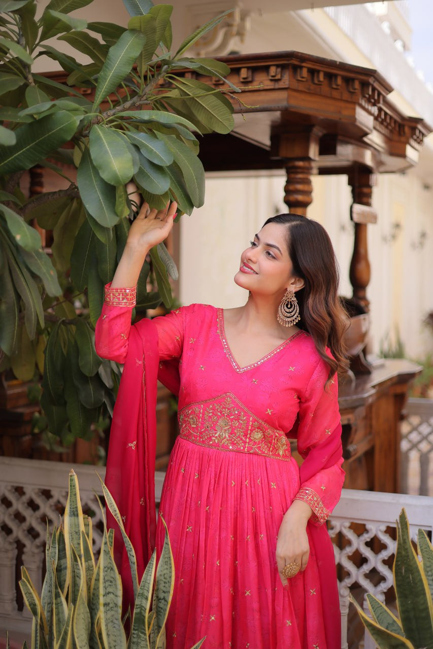 Womenline Rani Pink Color Embroidered Gown with Dupatta