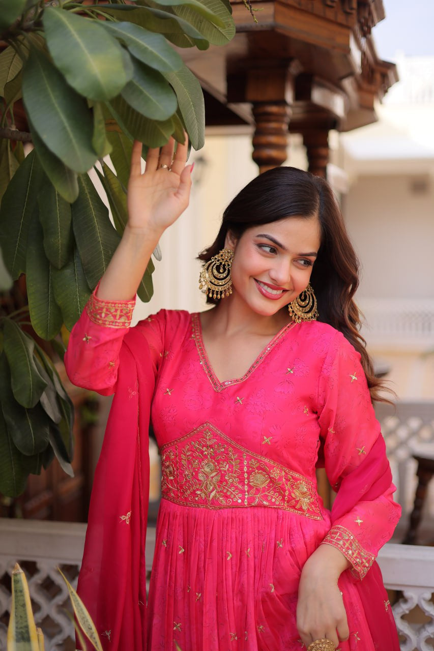 Womenline Rani Pink Color Embroidered Gown with Dupatta