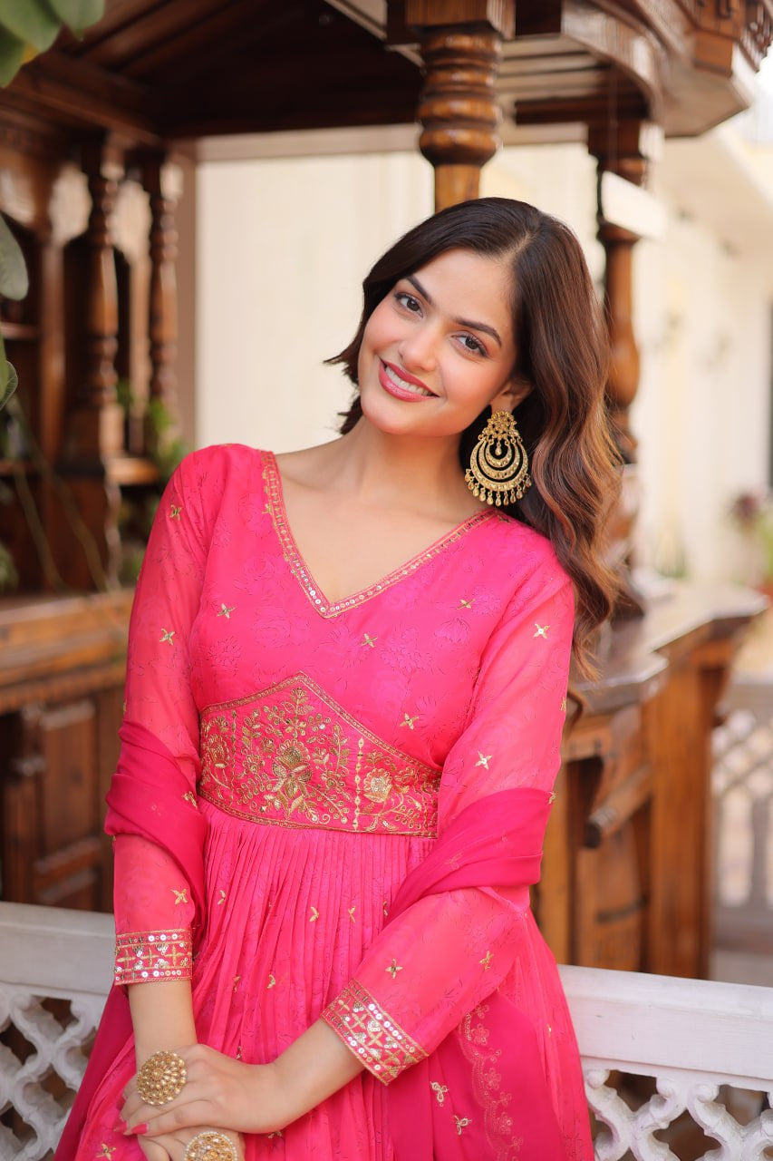 Womenline Rani Pink Color Embroidered Gown with Dupatta
