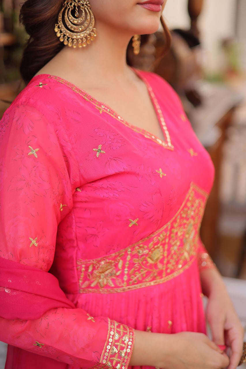 Womenline Rani Pink Color Embroidered Gown with Dupatta