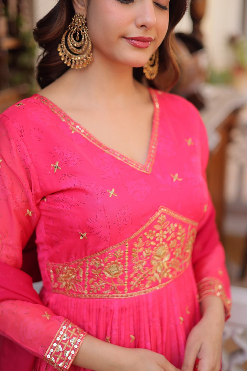 Womenline Rani Pink Color Embroidered Gown with Dupatta