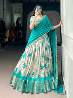 Womenline Aqua Blue Floral Printed Silk Lehenga Choli with Designer Aqua Dupatta