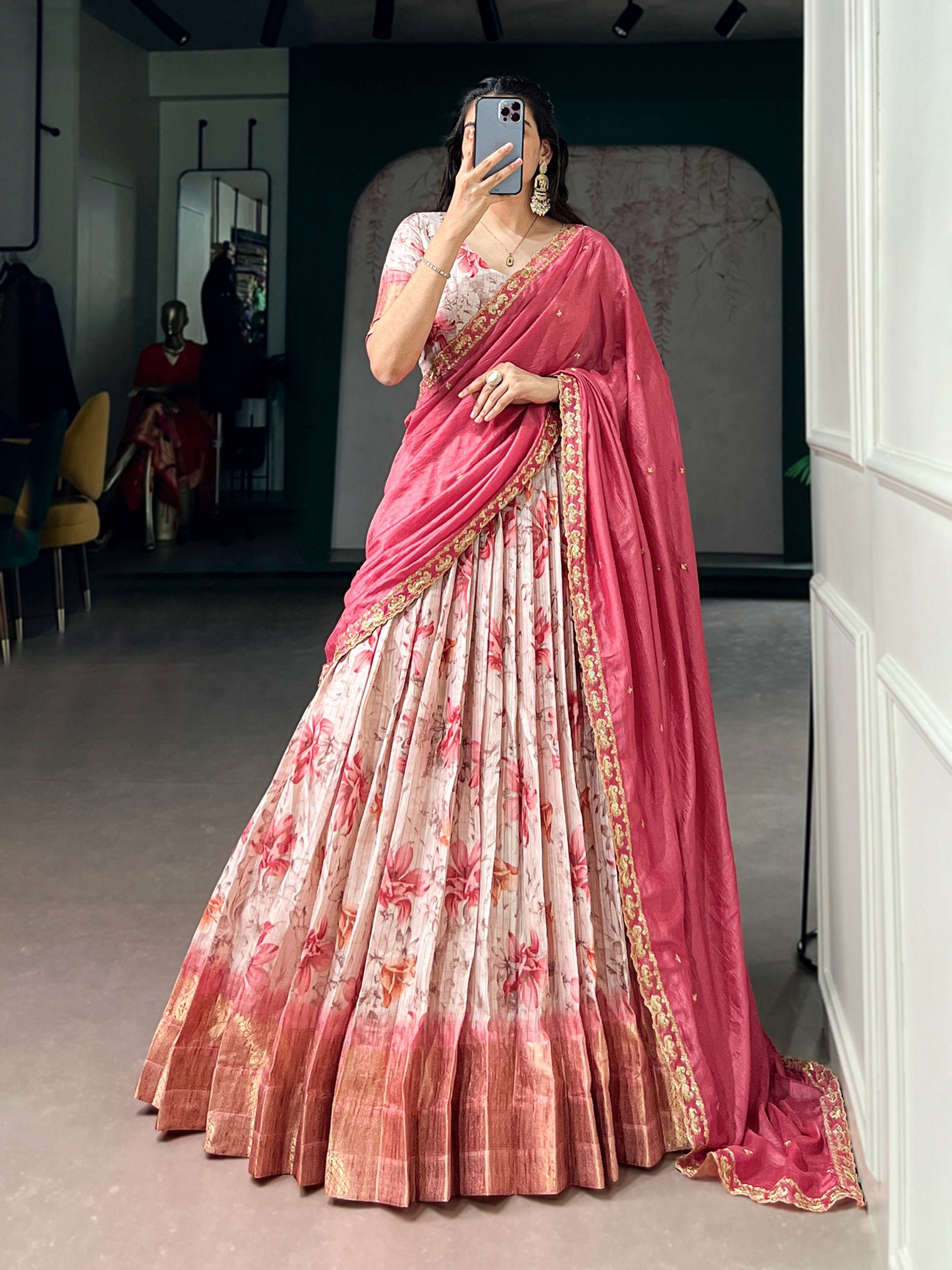 Womenline Pink Floral Printed Silk Lehenga Choli with Designer Pink Draped Dupatta