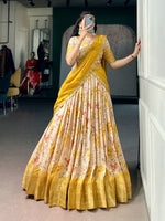 Womenline Floral Printed Beige & Mustard Yellow Silk Lehenga Choli with Designer Draped Dupatta