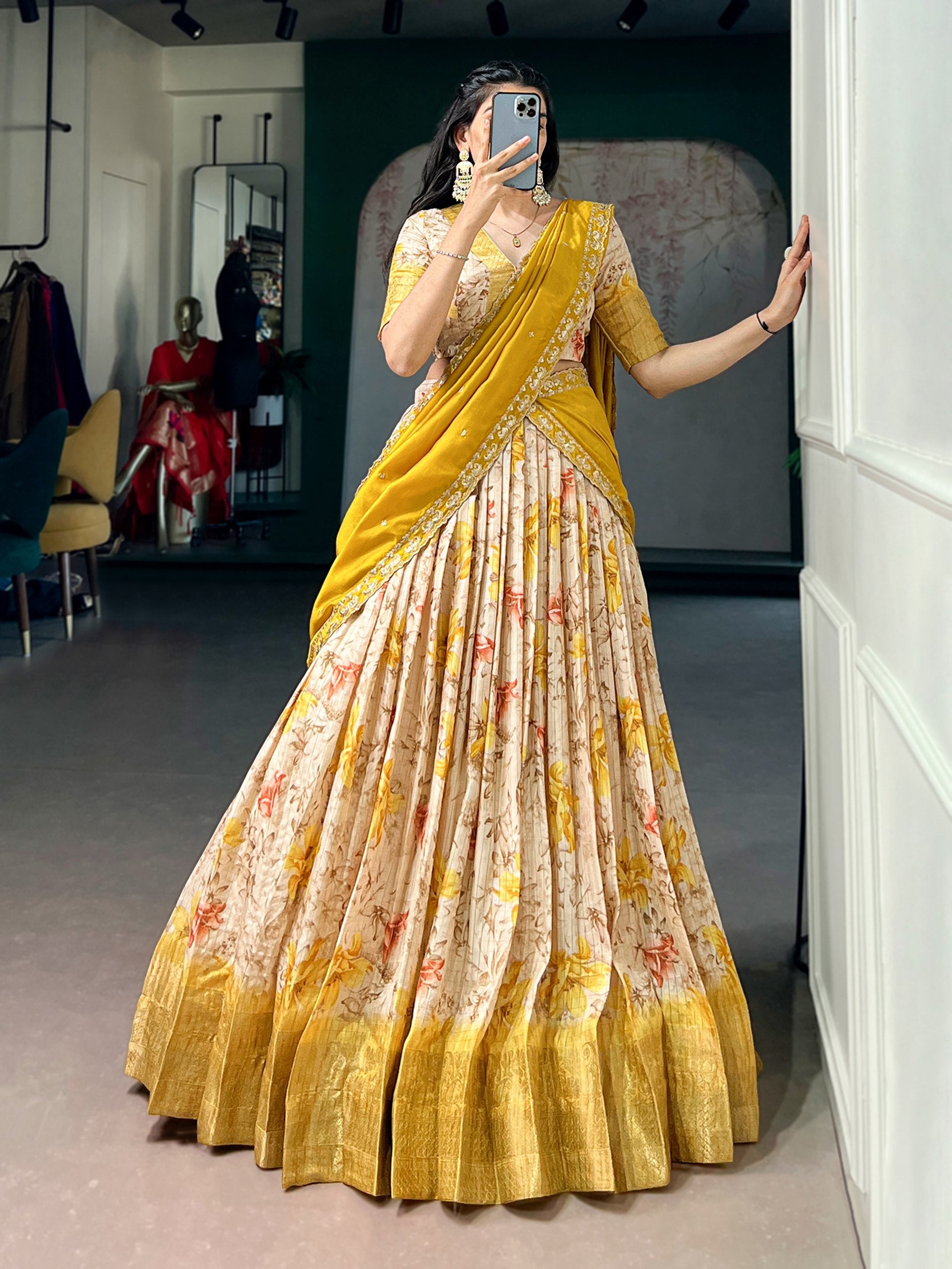 Womenline Floral Printed Beige & Mustard Yellow Silk Lehenga Choli with Designer Draped Dupatta