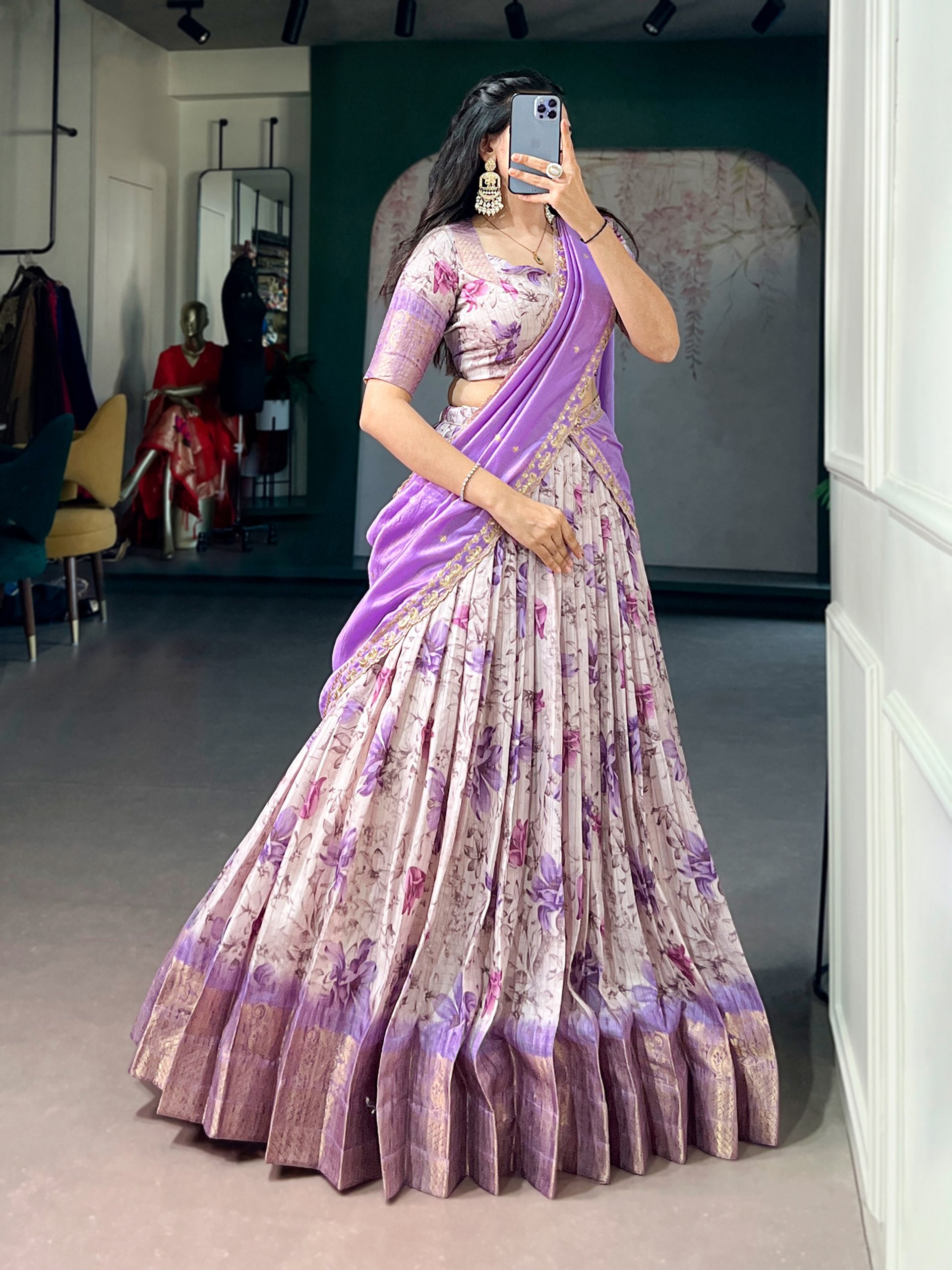 Womenline Lavender Floral Printed Silk Lehenga Choli with Designer Lavender Draped Dupatta