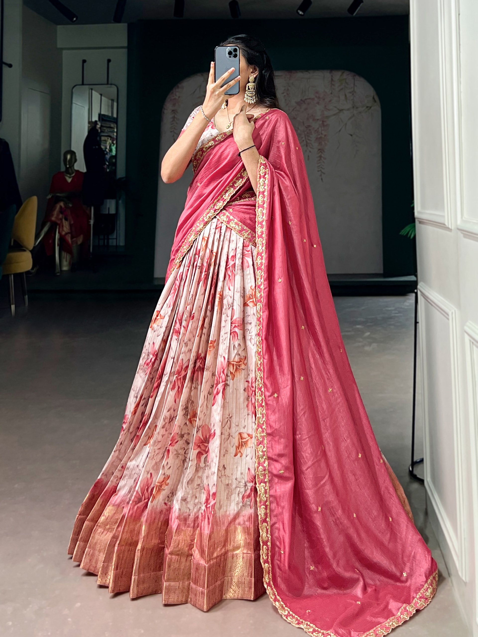 Womenline Pink Floral Printed Silk Lehenga Choli with Designer Pink Draped Dupatta