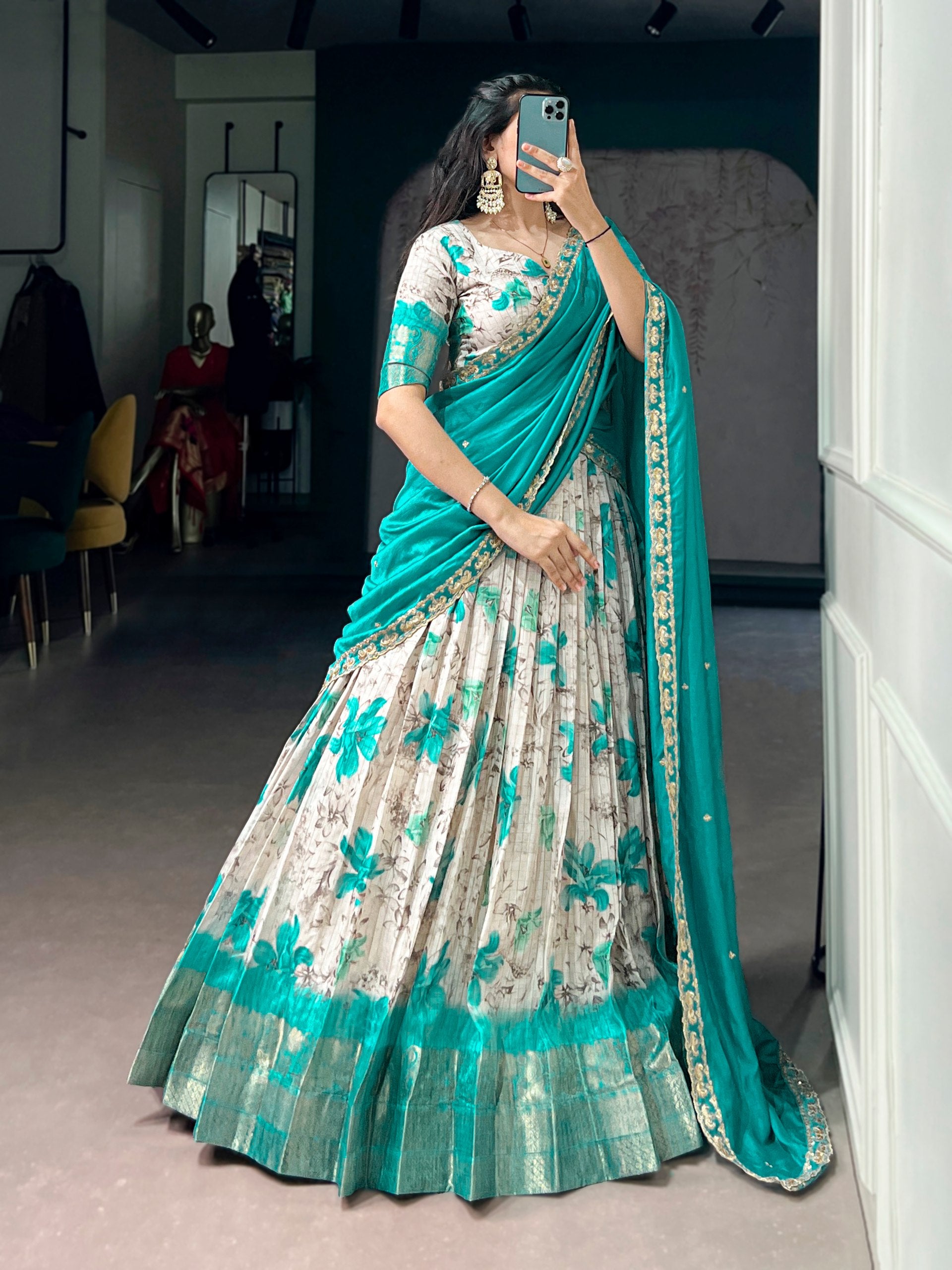 Womenline Aqua Blue Floral Printed Silk Lehenga Choli with Designer Aqua Dupatta
