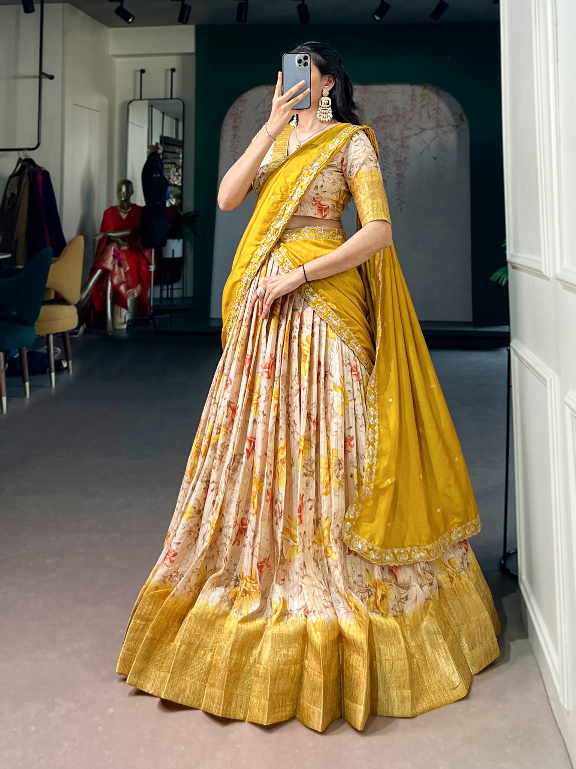 Womenline Floral Printed Beige & Mustard Yellow Silk Lehenga Choli with Designer Draped Dupatta