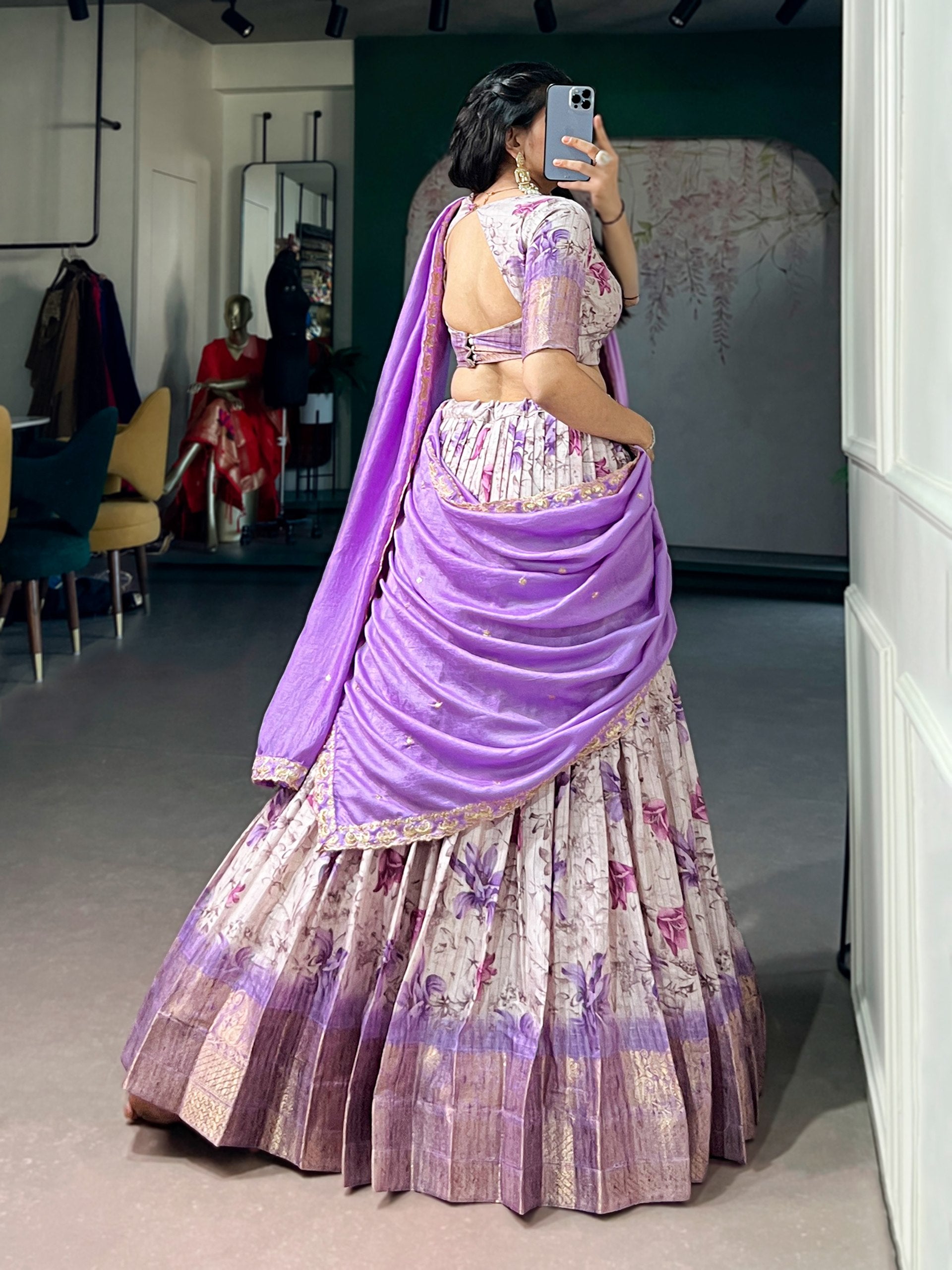 Womenline Lavender Floral Printed Silk Lehenga Choli with Designer Lavender Draped Dupatta