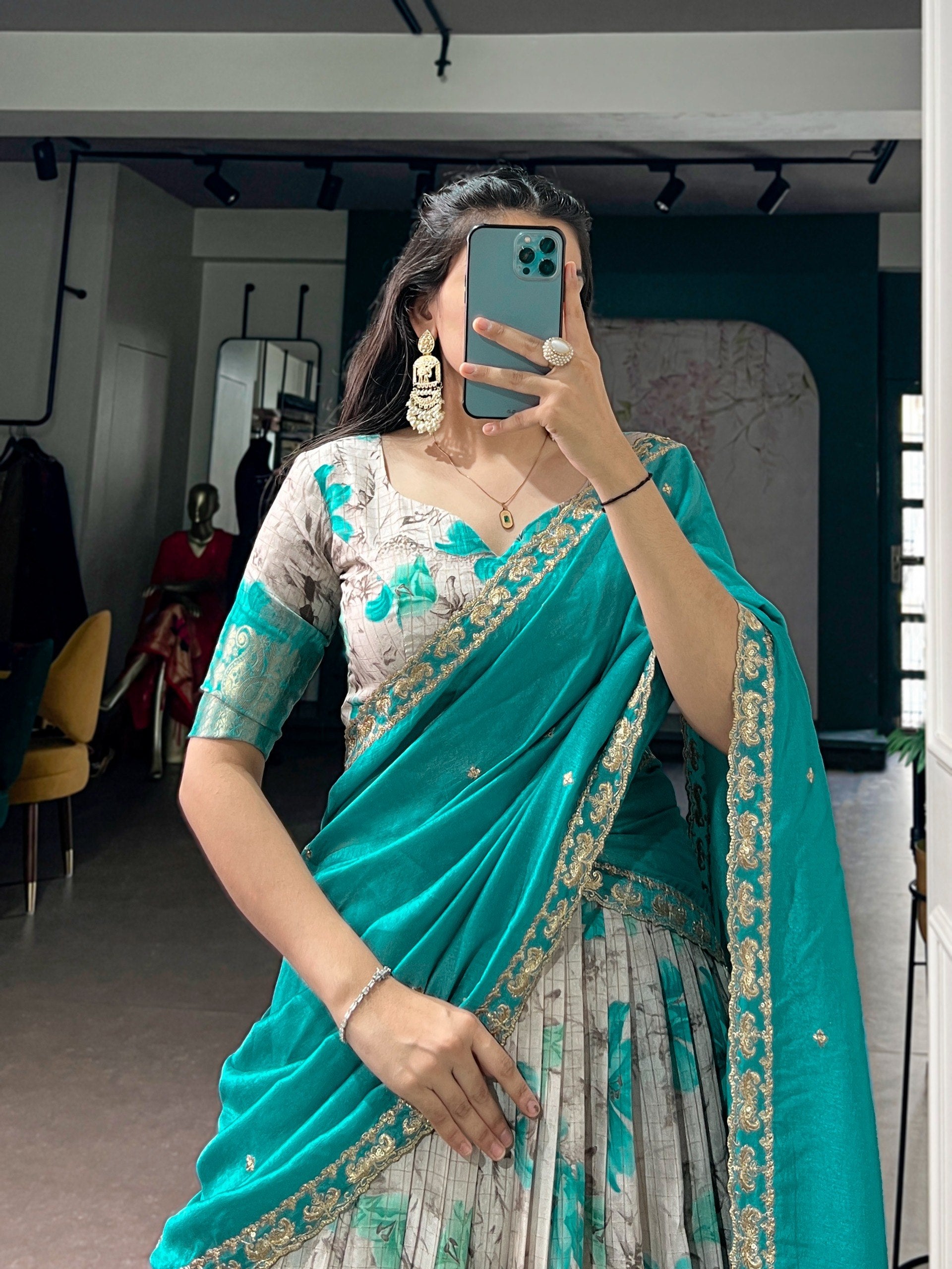 Womenline Aqua Blue Floral Printed Silk Lehenga Choli with Designer Aqua Dupatta