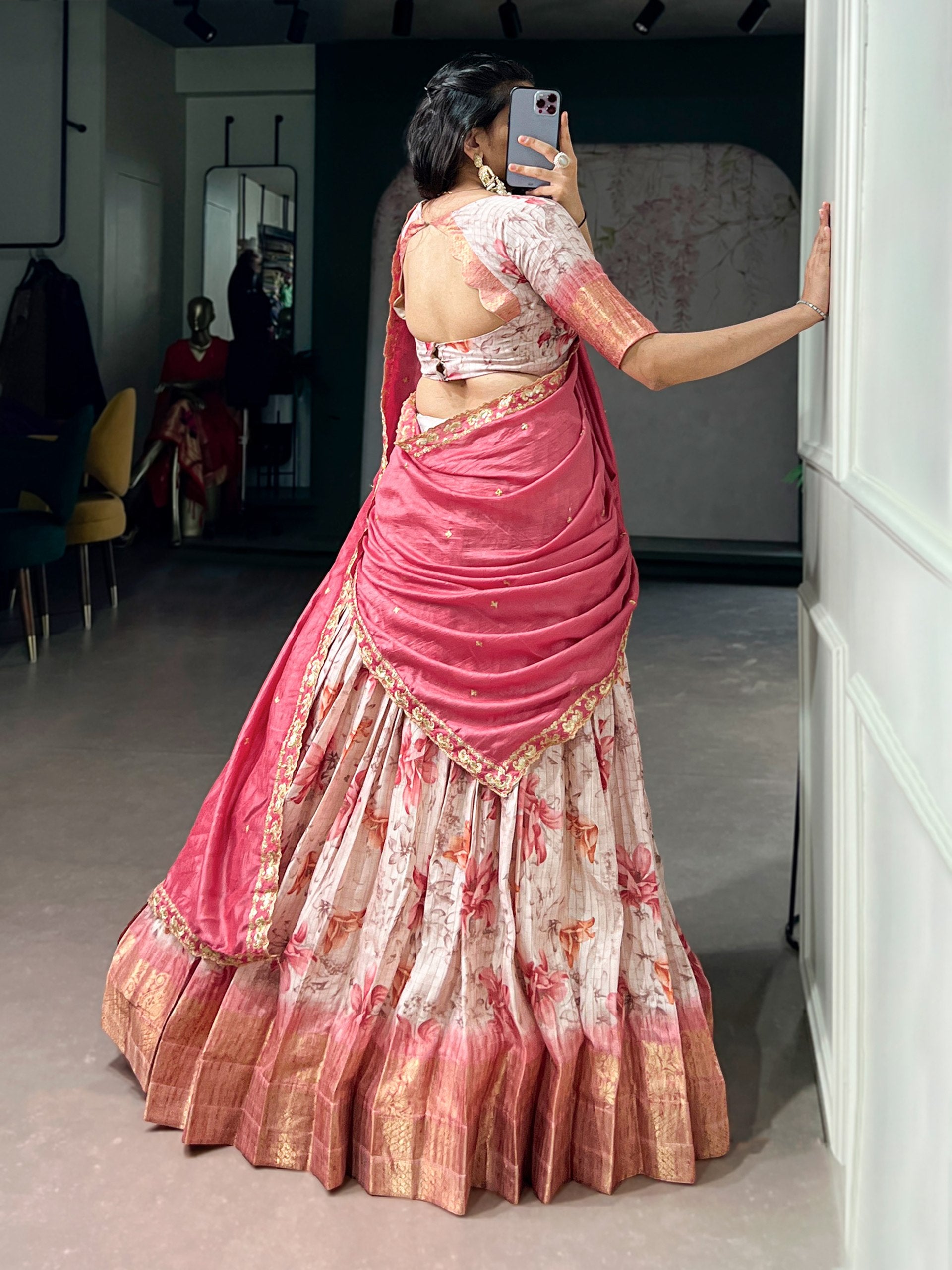 Womenline Pink Floral Printed Silk Lehenga Choli with Designer Pink Draped Dupatta
