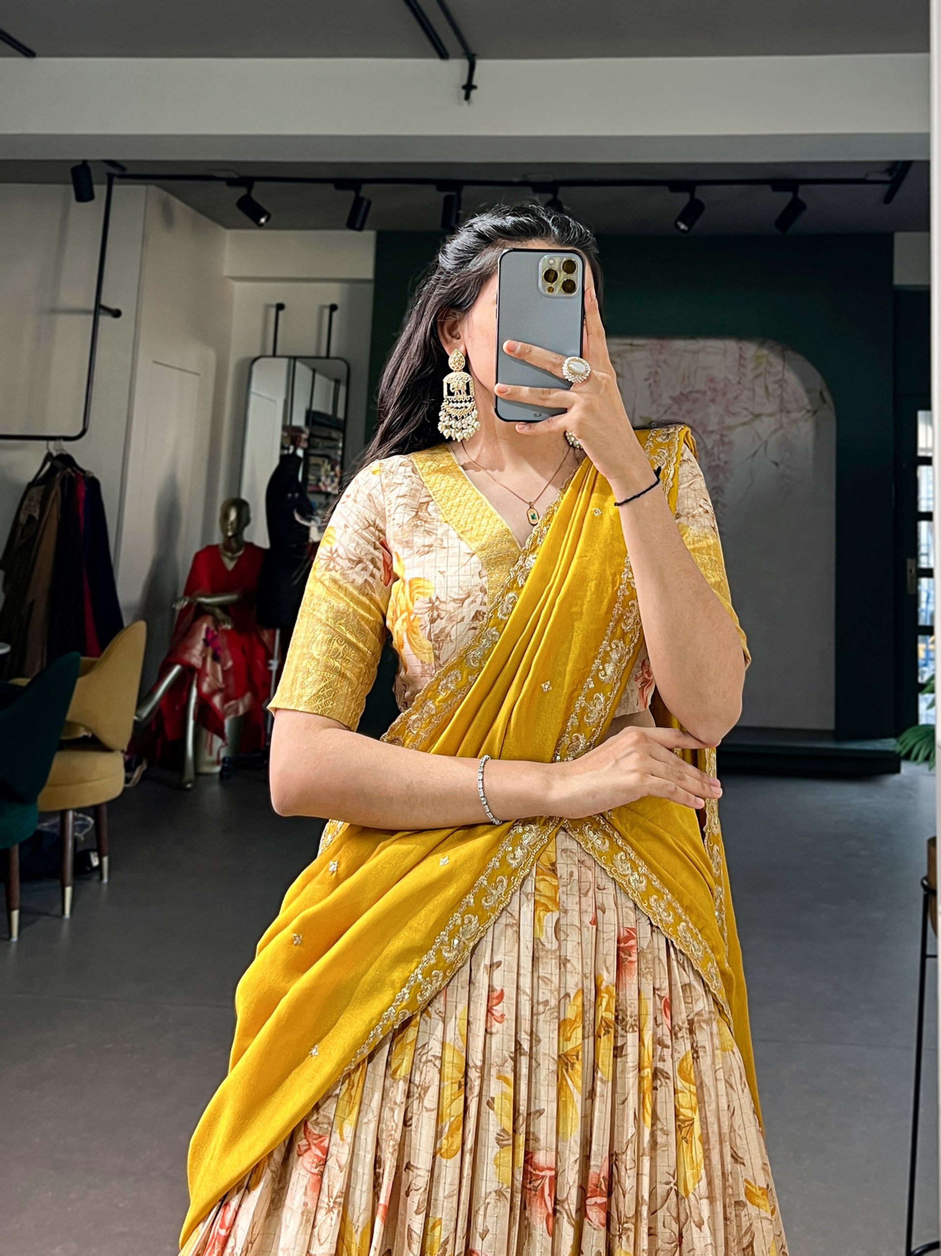 Womenline Floral Printed Beige & Mustard Yellow Silk Lehenga Choli with Designer Draped Dupatta