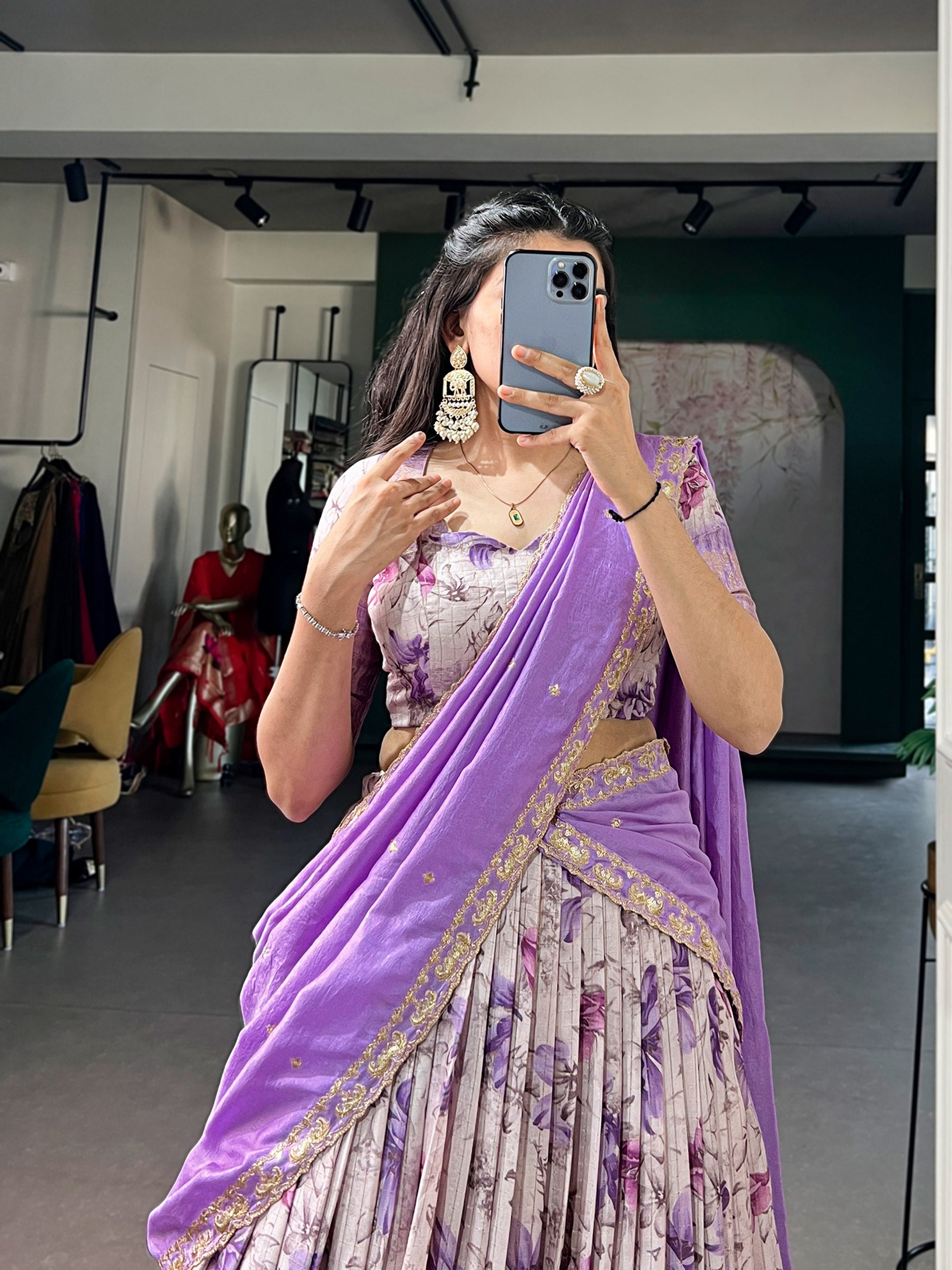 Womenline Lavender Floral Printed Silk Lehenga Choli with Designer Lavender Draped Dupatta