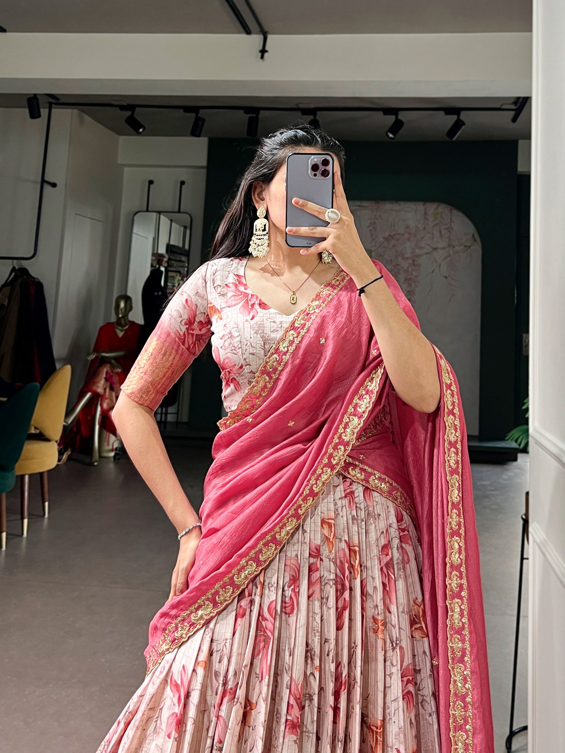 Womenline Pink Floral Printed Silk Lehenga Choli with Designer Pink Draped Dupatta