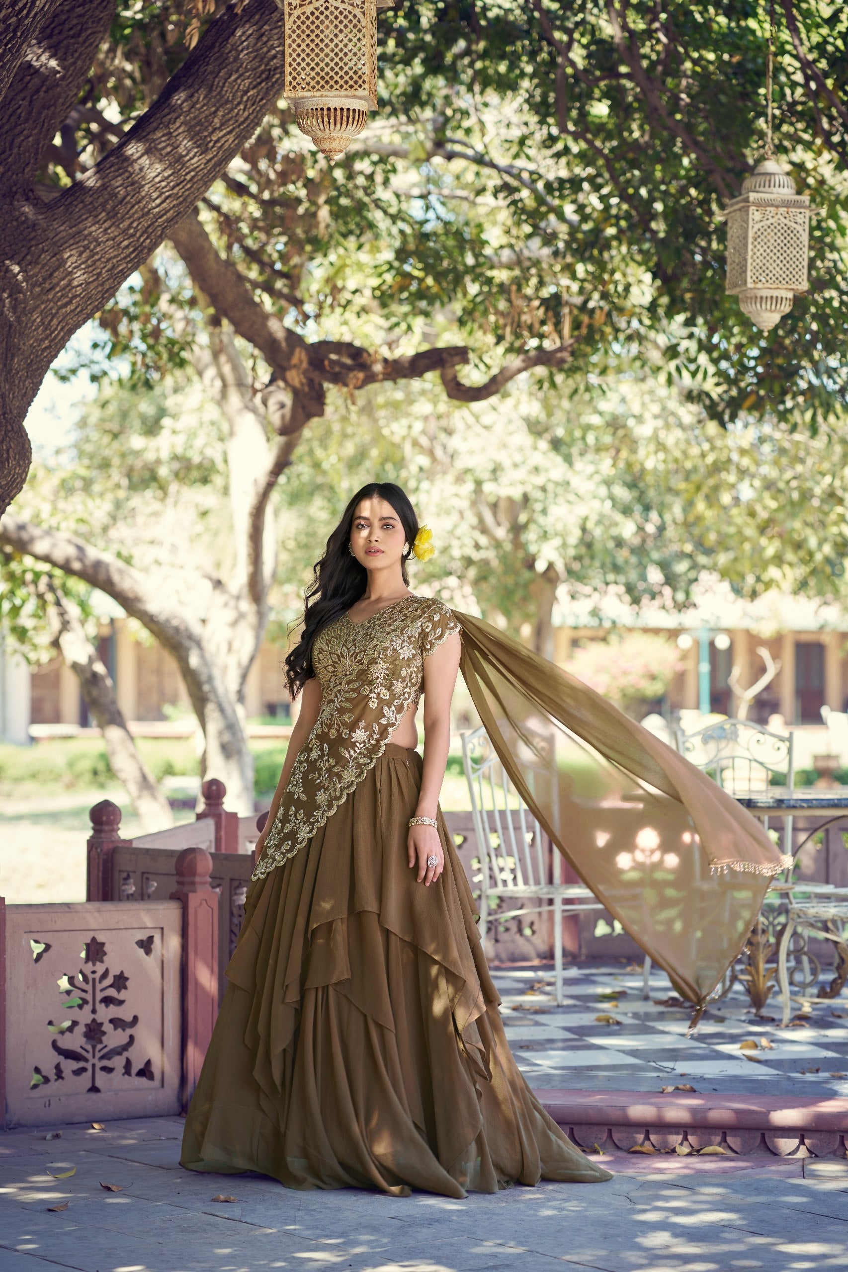 Womenline Olive Green Designer Ruffle Lehenga Choli with Embroidered Draped Dupatta