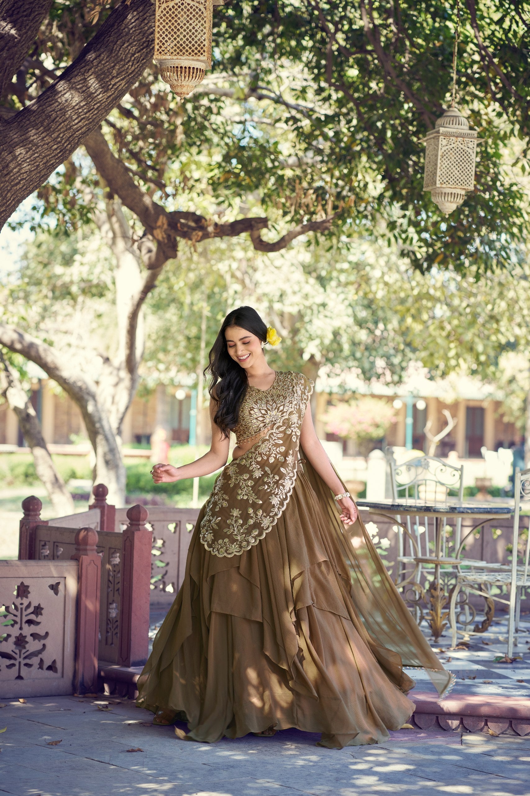 Womenline Olive Green Designer Ruffle Lehenga Choli with Embroidered Draped Dupatta