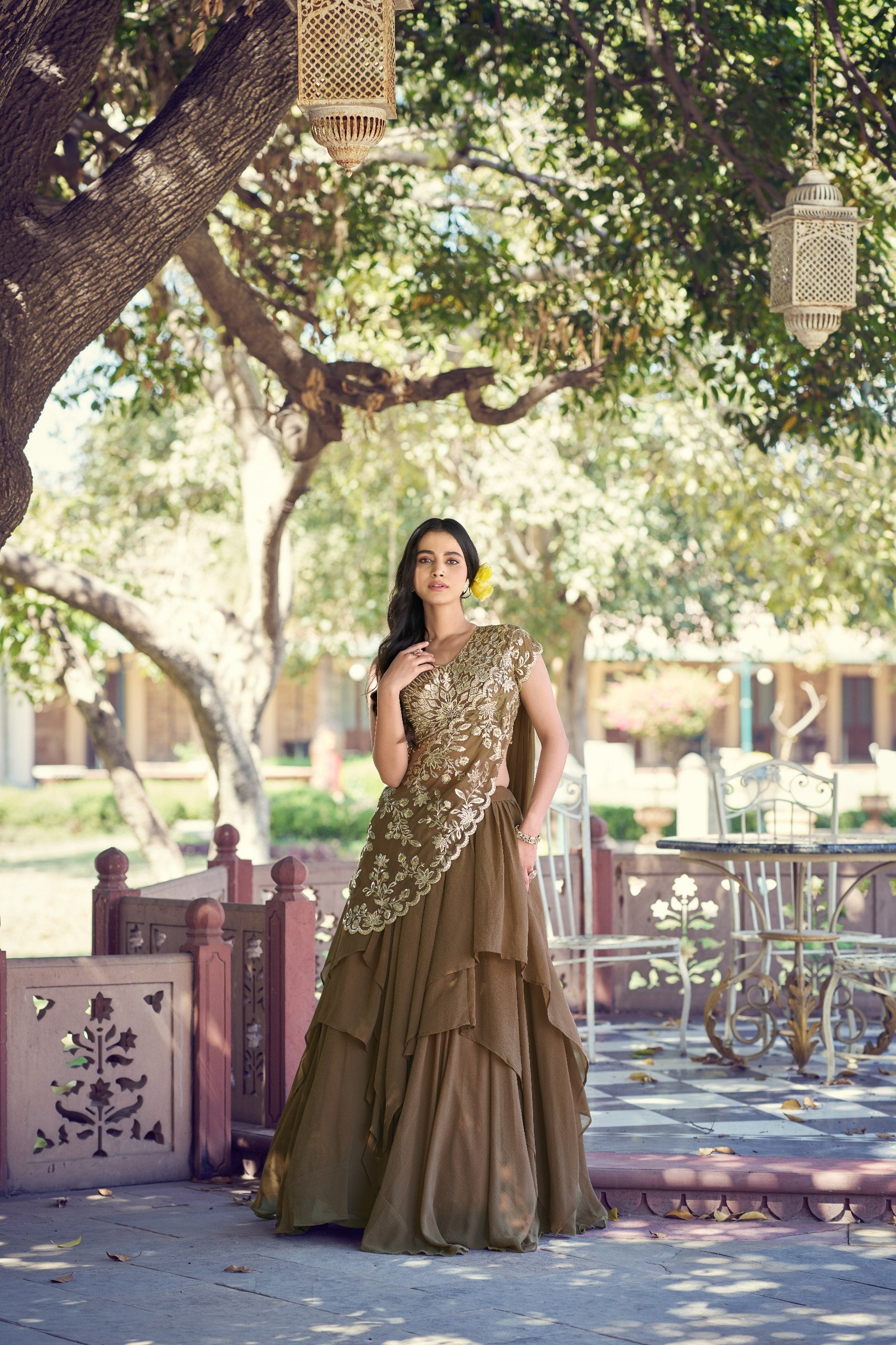 Womenline Olive Green Designer Ruffle Lehenga Choli with Embroidered Draped Dupatta