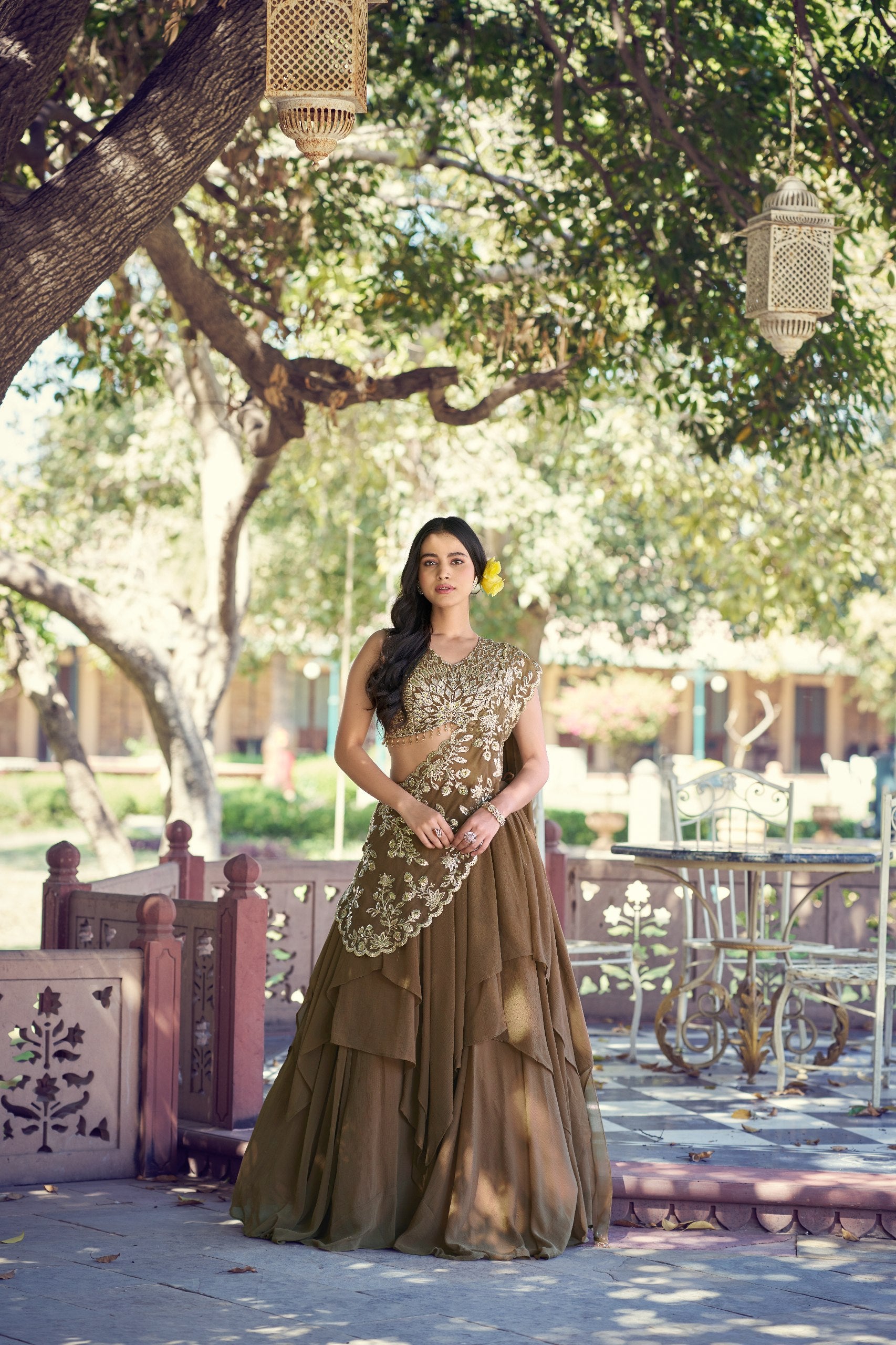 Womenline Olive Green Designer Ruffle Lehenga Choli with Embroidered Draped Dupatta